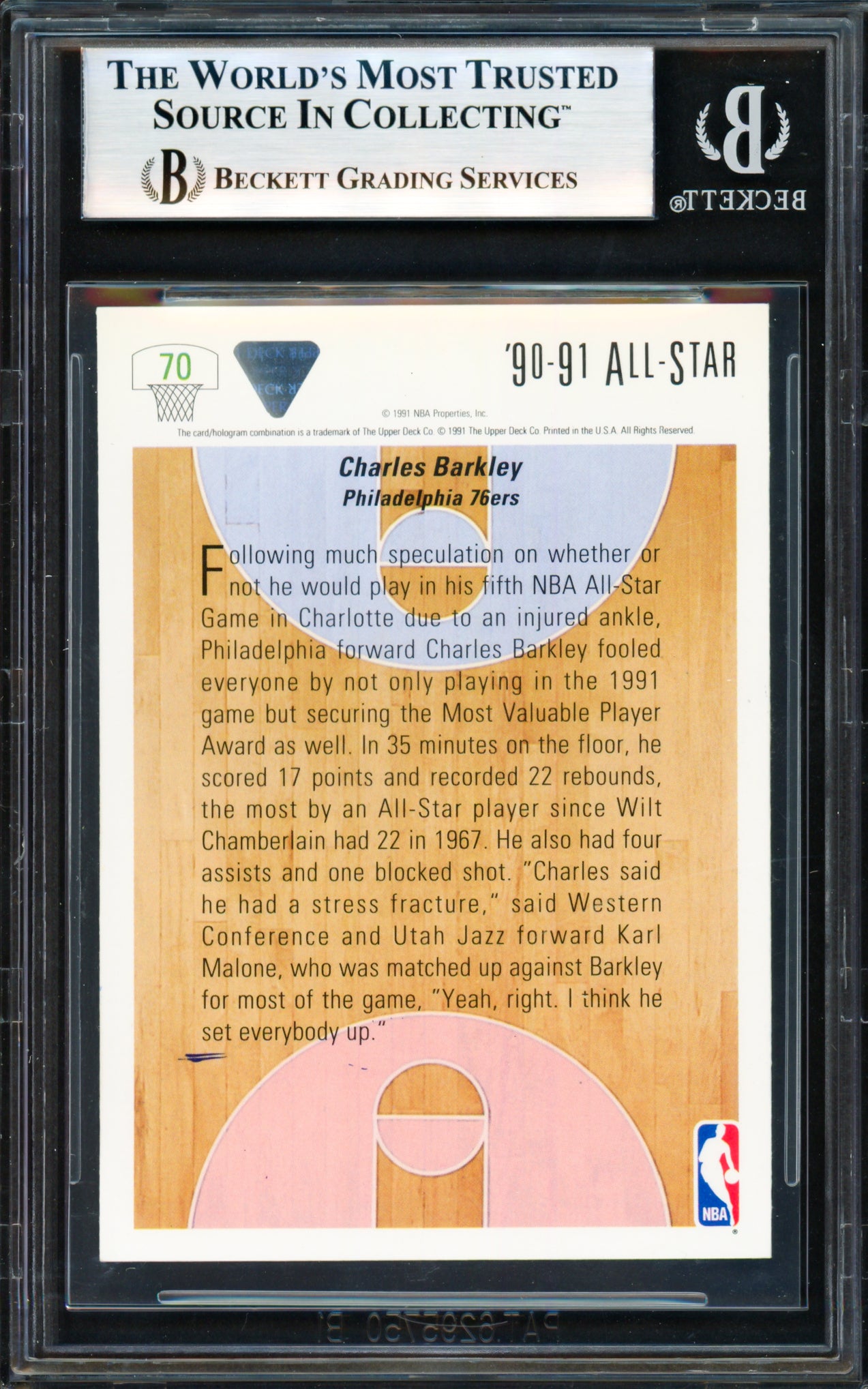 Charles Barkley Autographed 1991-92 Upper Deck Card #70 Philadelphia 76ers Beckett BAS #18278857