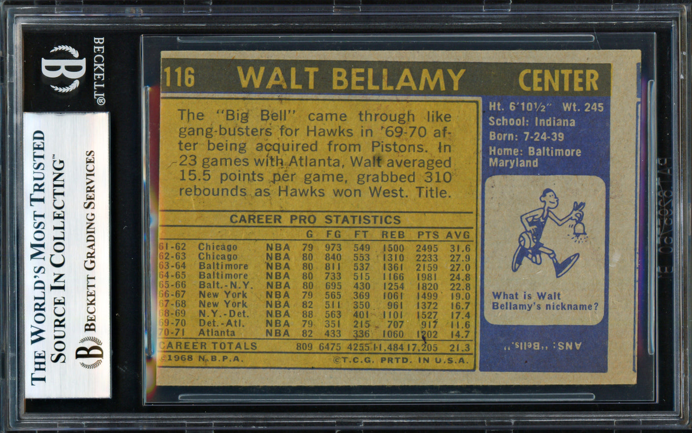 Walt Bellamy Autographed 1971-72 Topps Card #116 Atlanta Hawks Beckett BAS #18278868