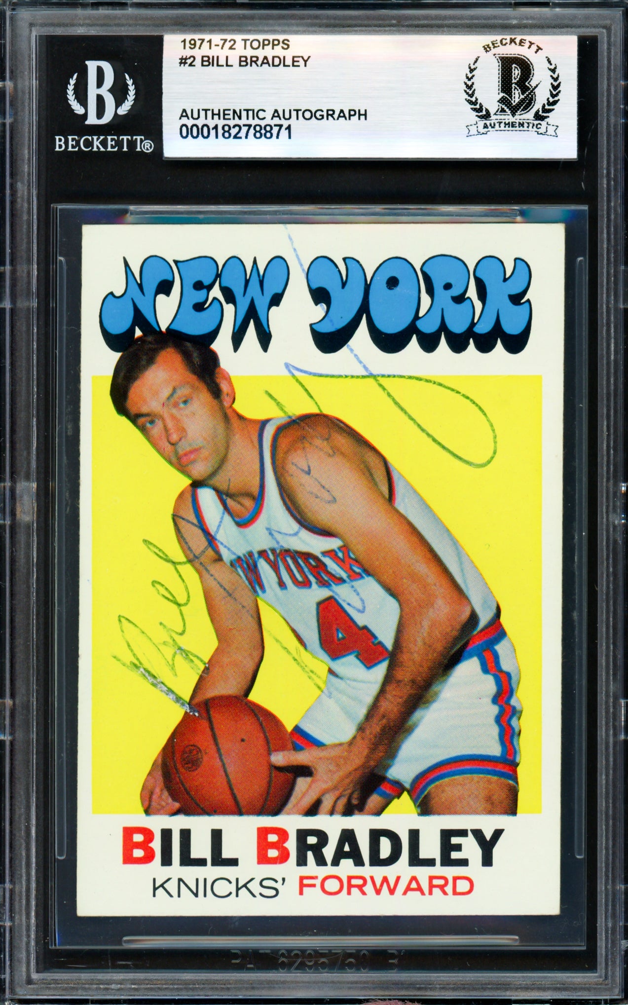 Bill Bradley Autographed 1971-72 Topps Card #2 New York Knicks Beckett BAS #18278871