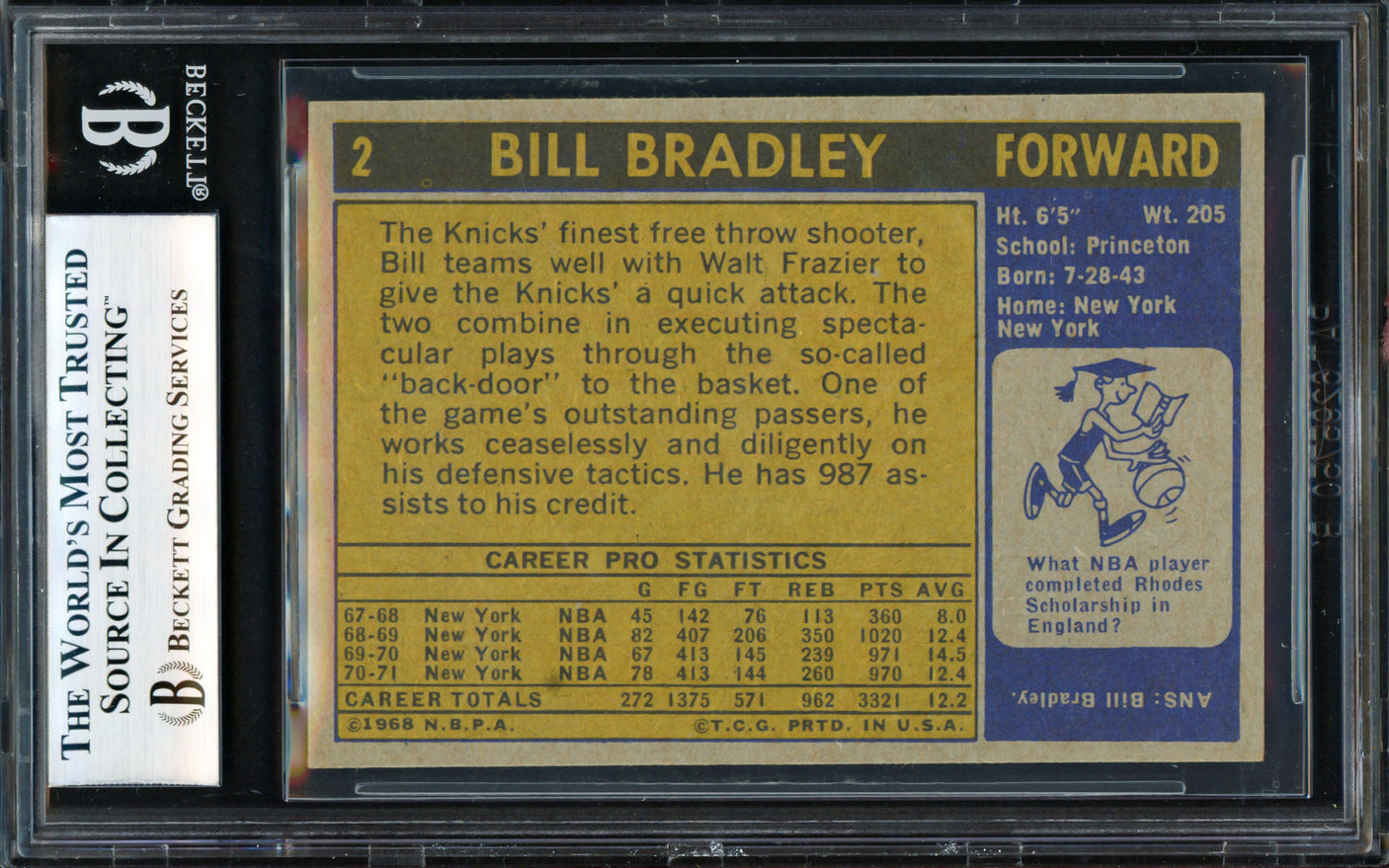 Bill Bradley Autographed 1971-72 Topps Card #2 New York Knicks Beckett BAS #18278871