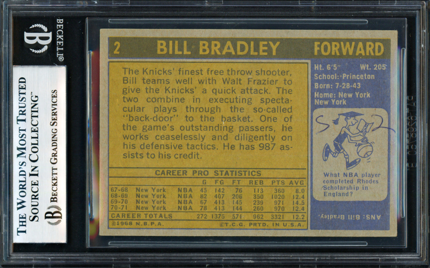 Bill Bradley Autographed 1971-72 Topps Card #2 New York Knicks Beckett BAS #18278872