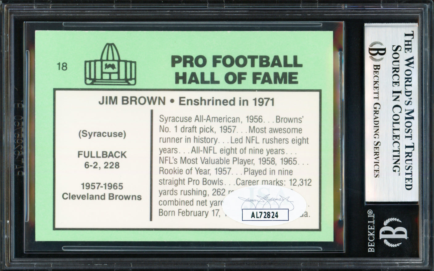 Jim Brown Autographed 1985 Football Immortals Card #18 Cleveland Browns Beckett BAS #18278894