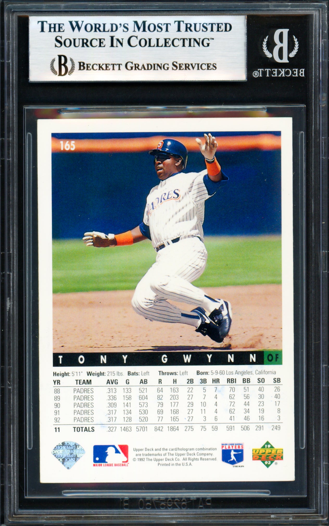 Tony Gwynn Autographed 1993 Upper Deck Card #165 San Diego Padres Beckett BAS #18279000