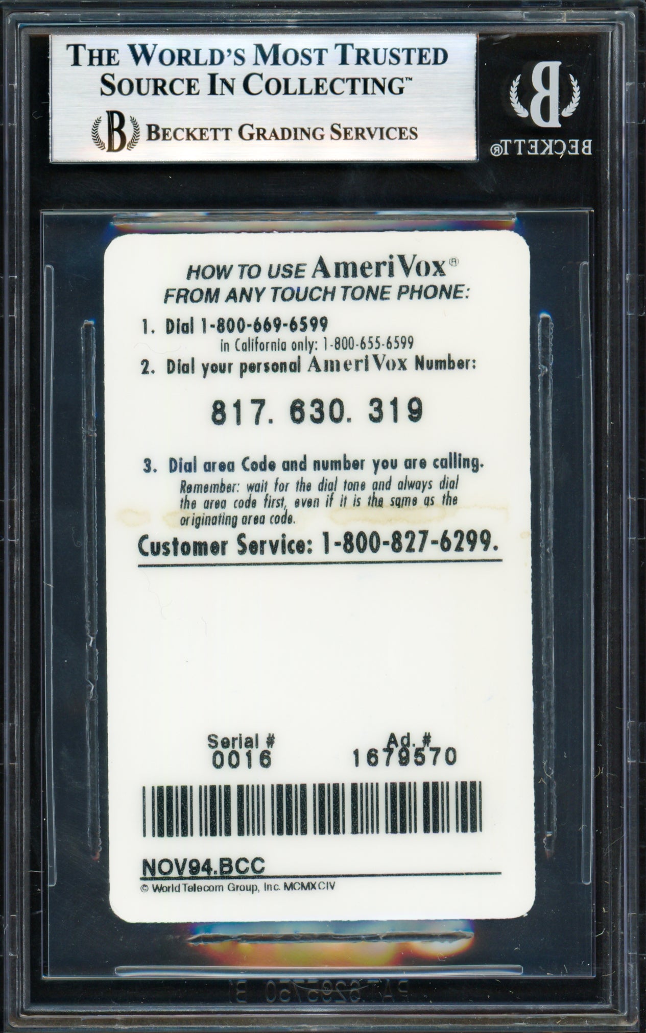 Tony Gwynn Autographed 1995 AmeriVox Phone Card San Diego Padres Beckett BAS #18279002