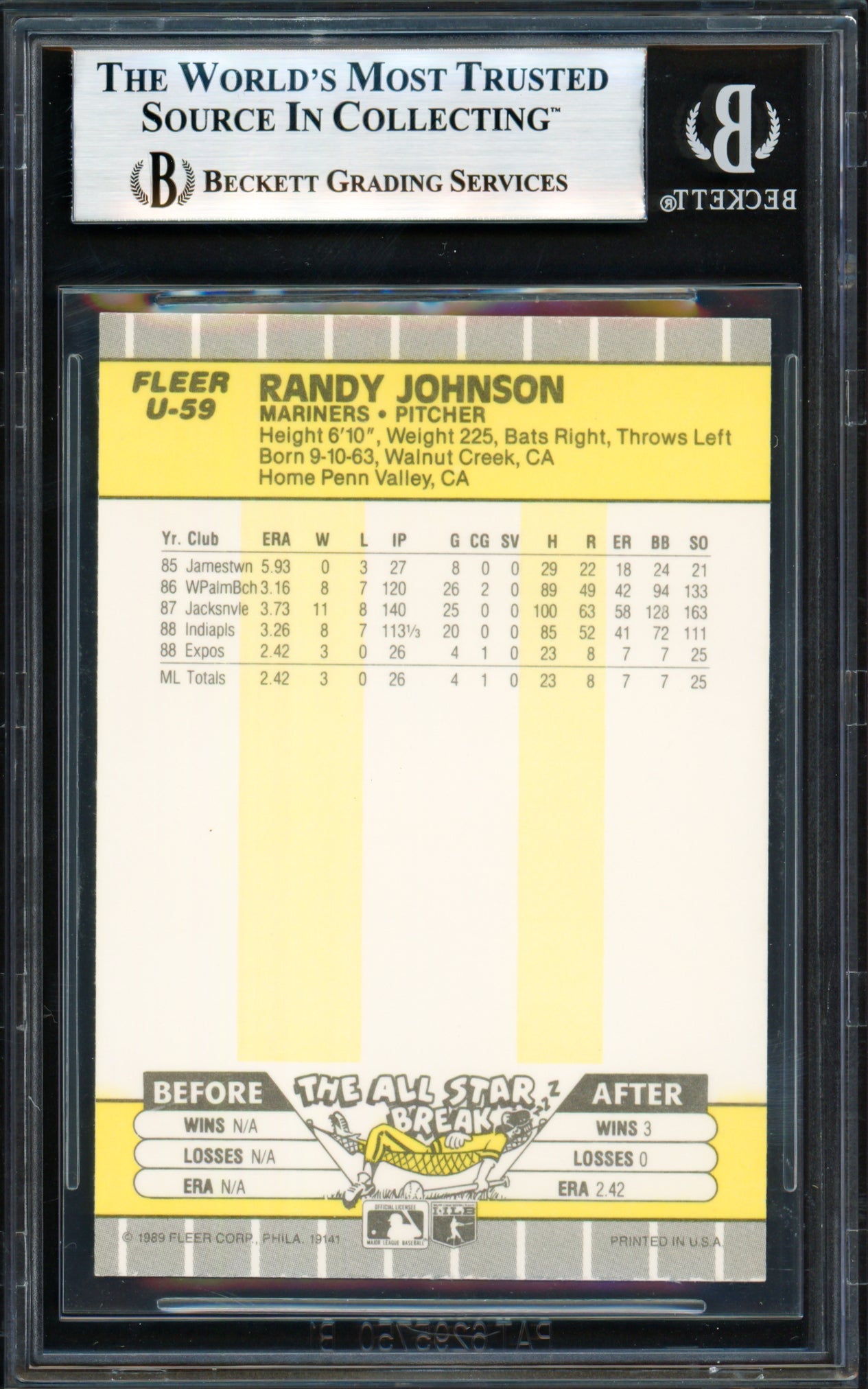 Randy Johnson Autographed 1989 Fleer Update Rookie Card #U-59 Seattle Mariners Beckett BAS #18280406
