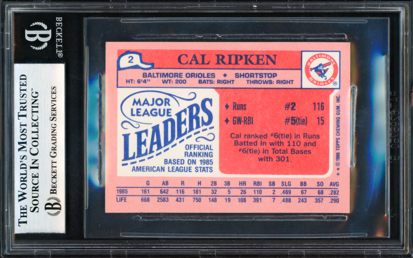 Cal Ripken Jr. Autographed 1986 Topps Mini Card #2 Baltimore Orioles Beckett BAS #18280743