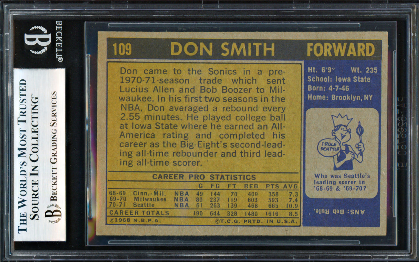 Don Smith Zaid Abdul Aziz Autographed 1971-72 Topps Card #109 Seattle Supersonics Beckett BAS #18280731