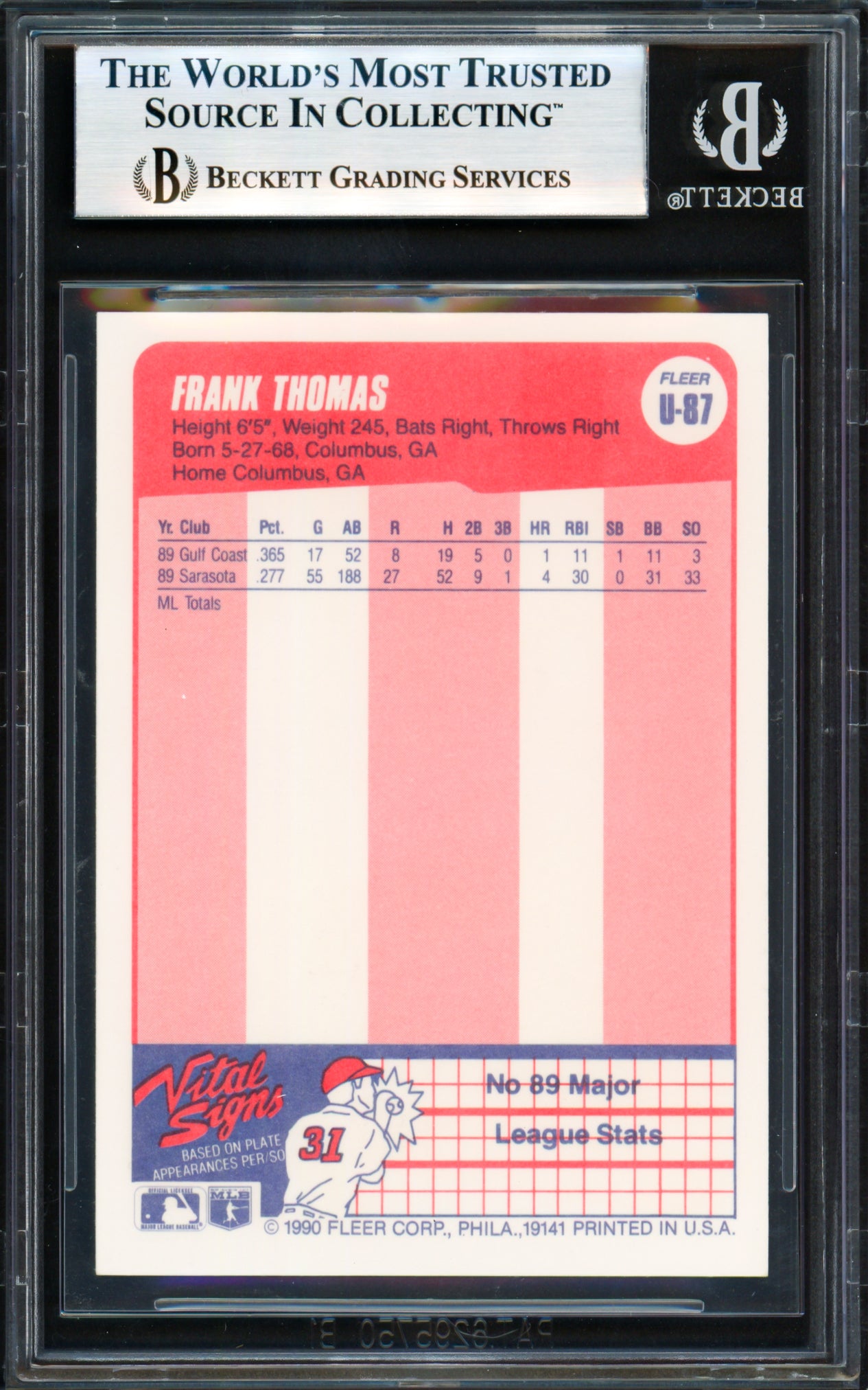 Frank Thomas Autographed 1990 Fleer Update Rookie Card #U-87 Chicago White Sox Beckett BAS #18280607
