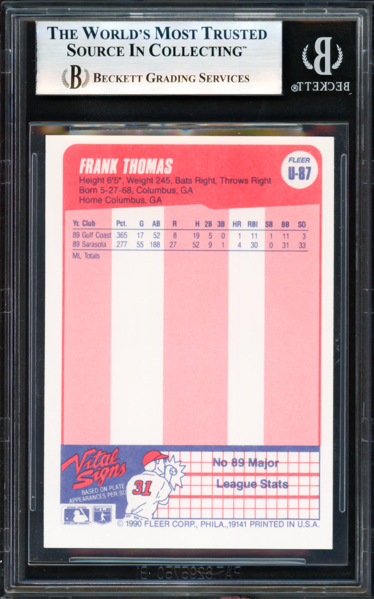 Frank Thomas Autographed 1990 Fleer Update Rookie Card #U-87 Chicago White Sox Beckett BAS #18280608