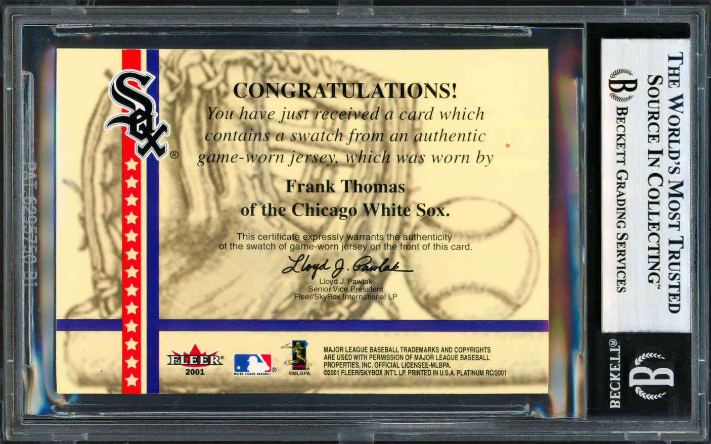 Frank Thomas Autographed 2001 Fleer Platinum National Patch Time Card Chicago White Sox Beckett BAS #18280605