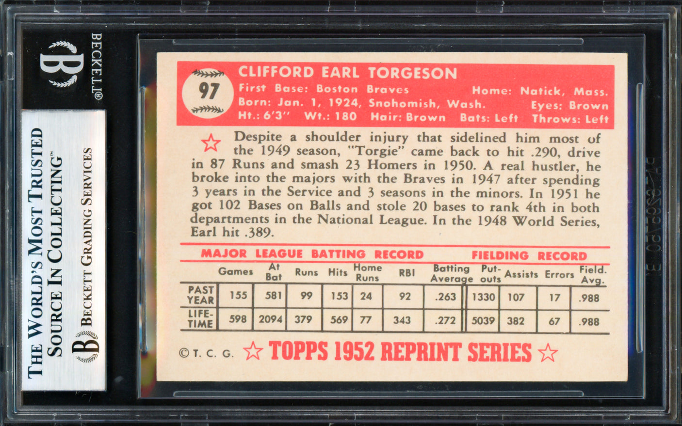 Earl Torgeson Autographed 1983 1952 Topps Reprint Card #97 Boston Braves Beckett BAS #18280531