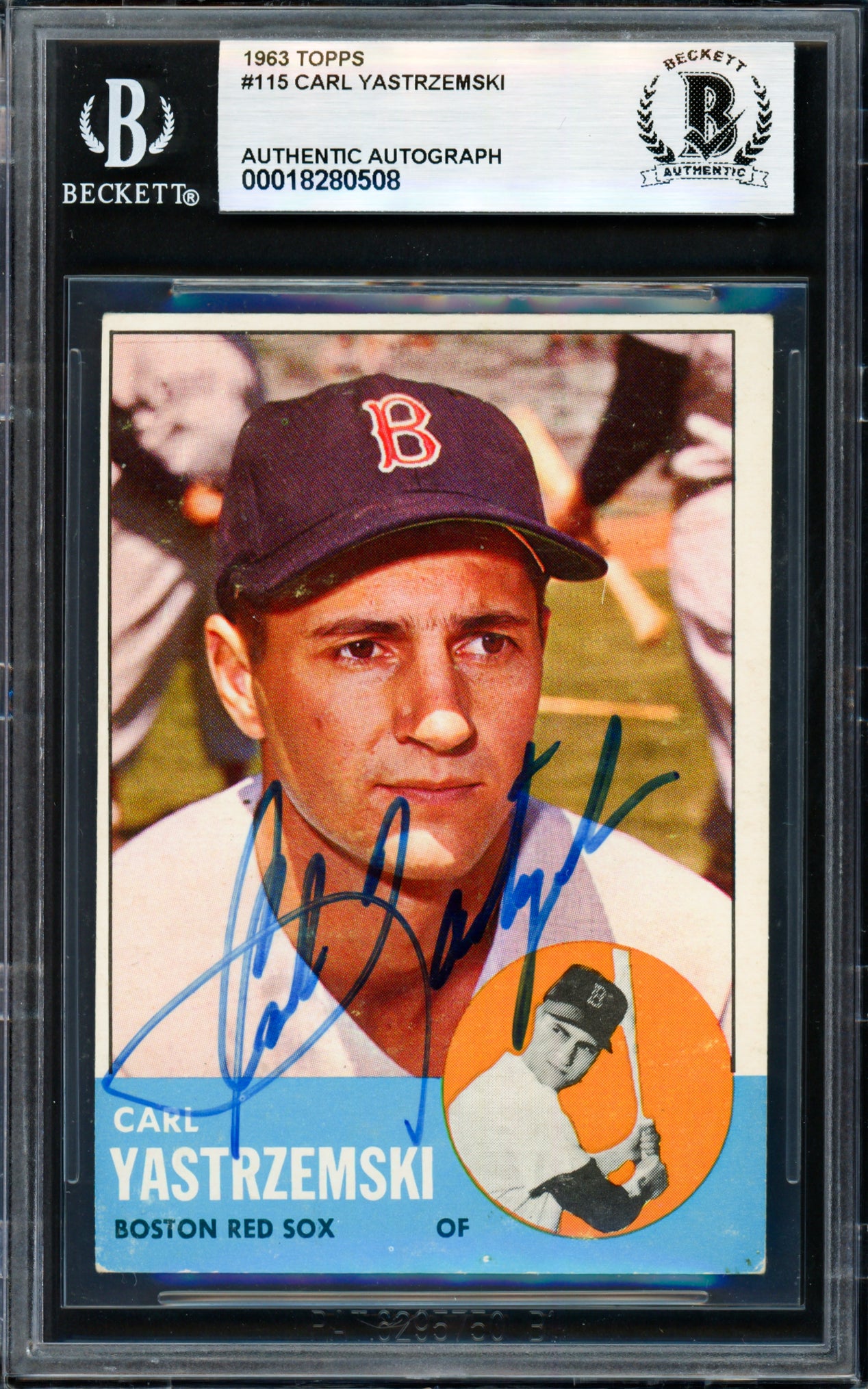 Carl Yastrzemski Autographed 1963 Topps Card #115 Boston Red Sox Beckett BAS #18280508