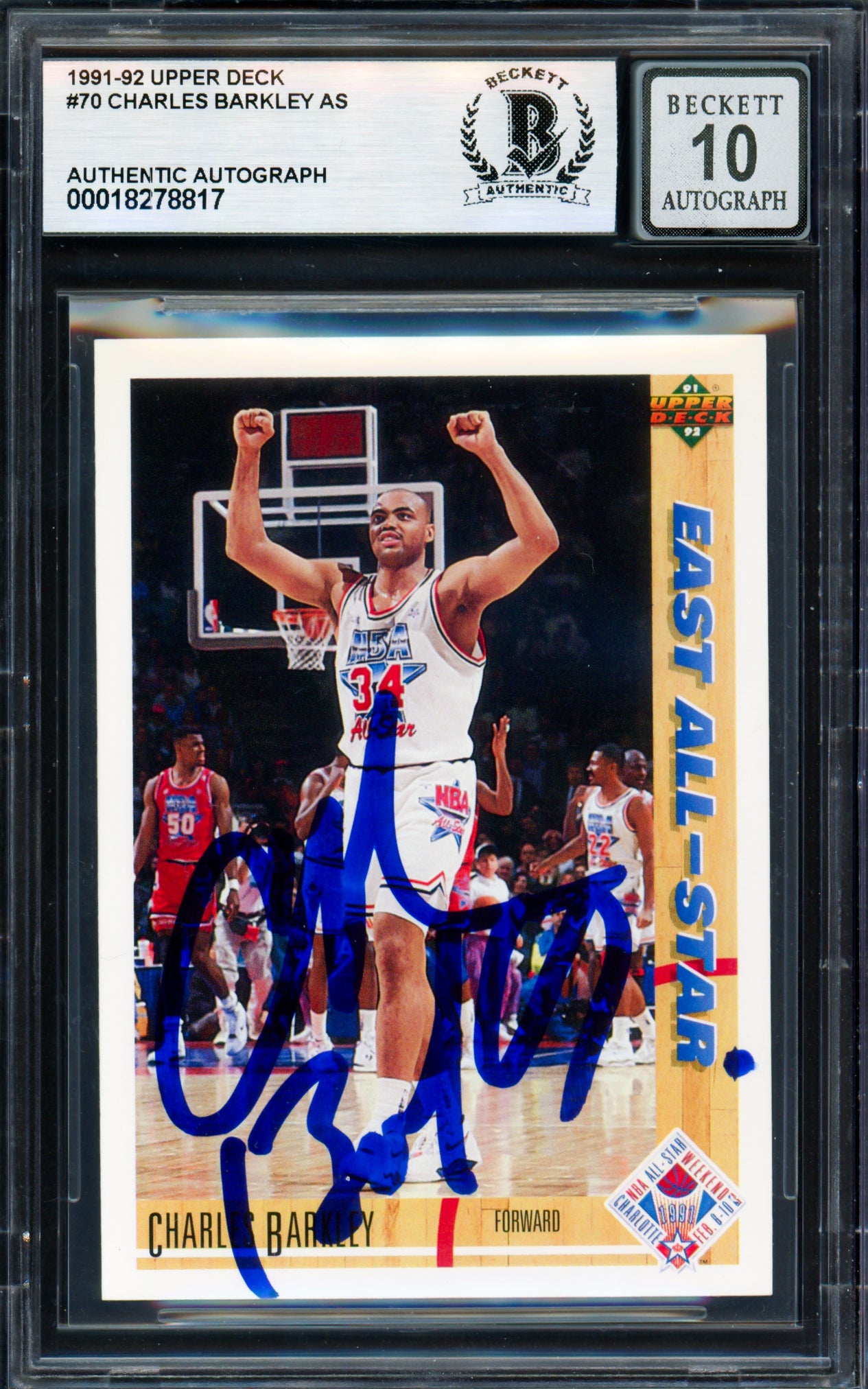 Charles Barkley Autographed 1991-92 Upper Deck Card #70 Philadelphia 76ers Auto Grade Gem Mint 10 Beckett BAS #18278817