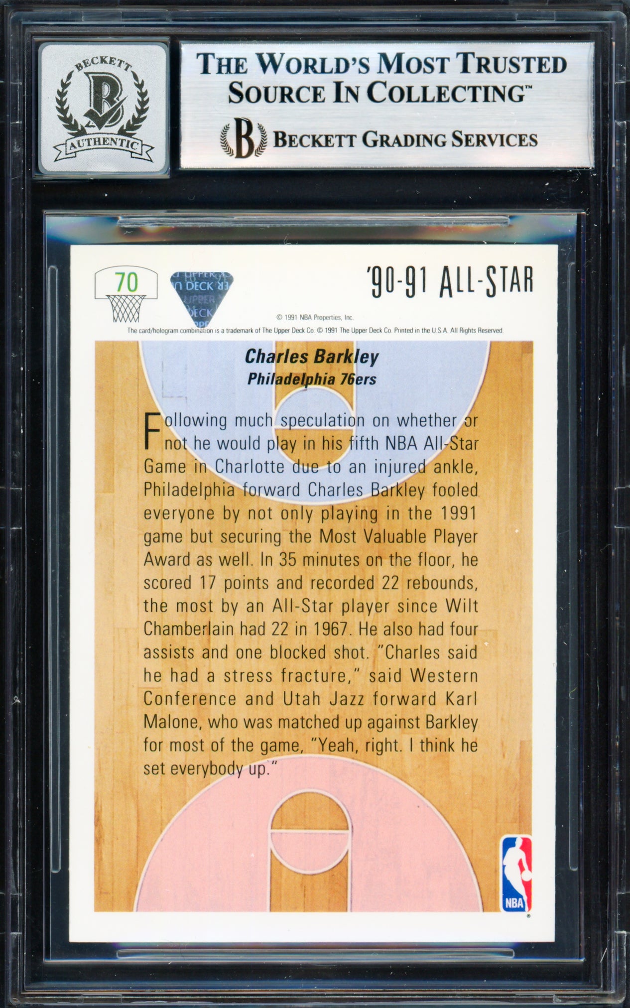 Charles Barkley Autographed 1991-92 Upper Deck Card #70 Philadelphia 76ers Auto Grade Gem Mint 10 Beckett BAS #18278817