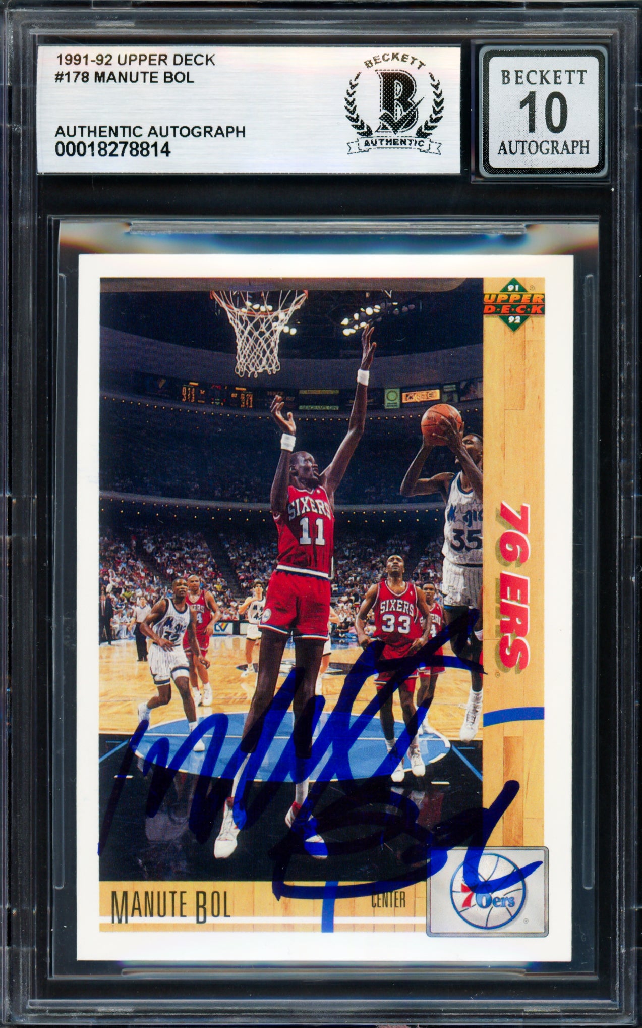 Manute Bol Autographed 1991-92 Upper Deck Card #178 Philadelphia 76ers Auto Grade Gem Mint 10 Beckett BAS #18278814