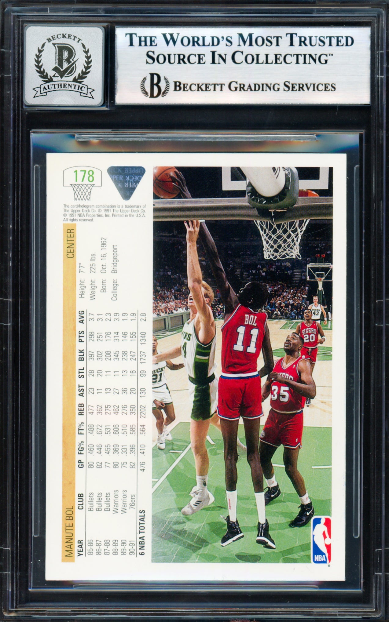 Manute Bol Autographed 1991-92 Upper Deck Card #178 Philadelphia 76ers Auto Grade Gem Mint 10 Beckett BAS #18278814