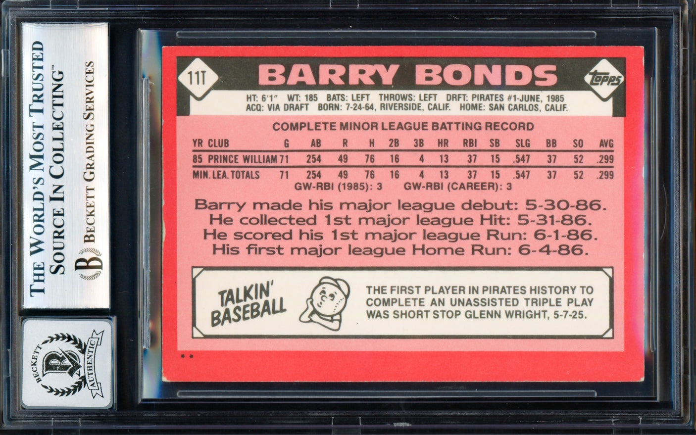 Barry Bonds Autographed 1986 Topps Traded Rookie Card #11T Pittsburgh Pirates Auto Grade Gem Mint 10 Beckett BAS #18278809