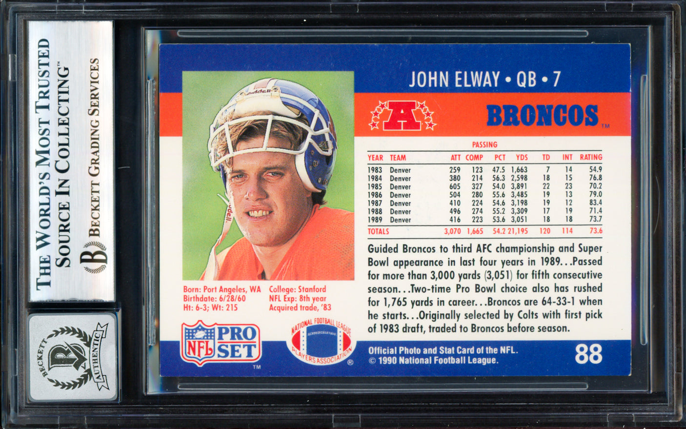 John Elway Autographed 1990 Pro Set Card #88 Denver Broncos Auto Grade Gem Mint 10 Beckett BAS #18278797