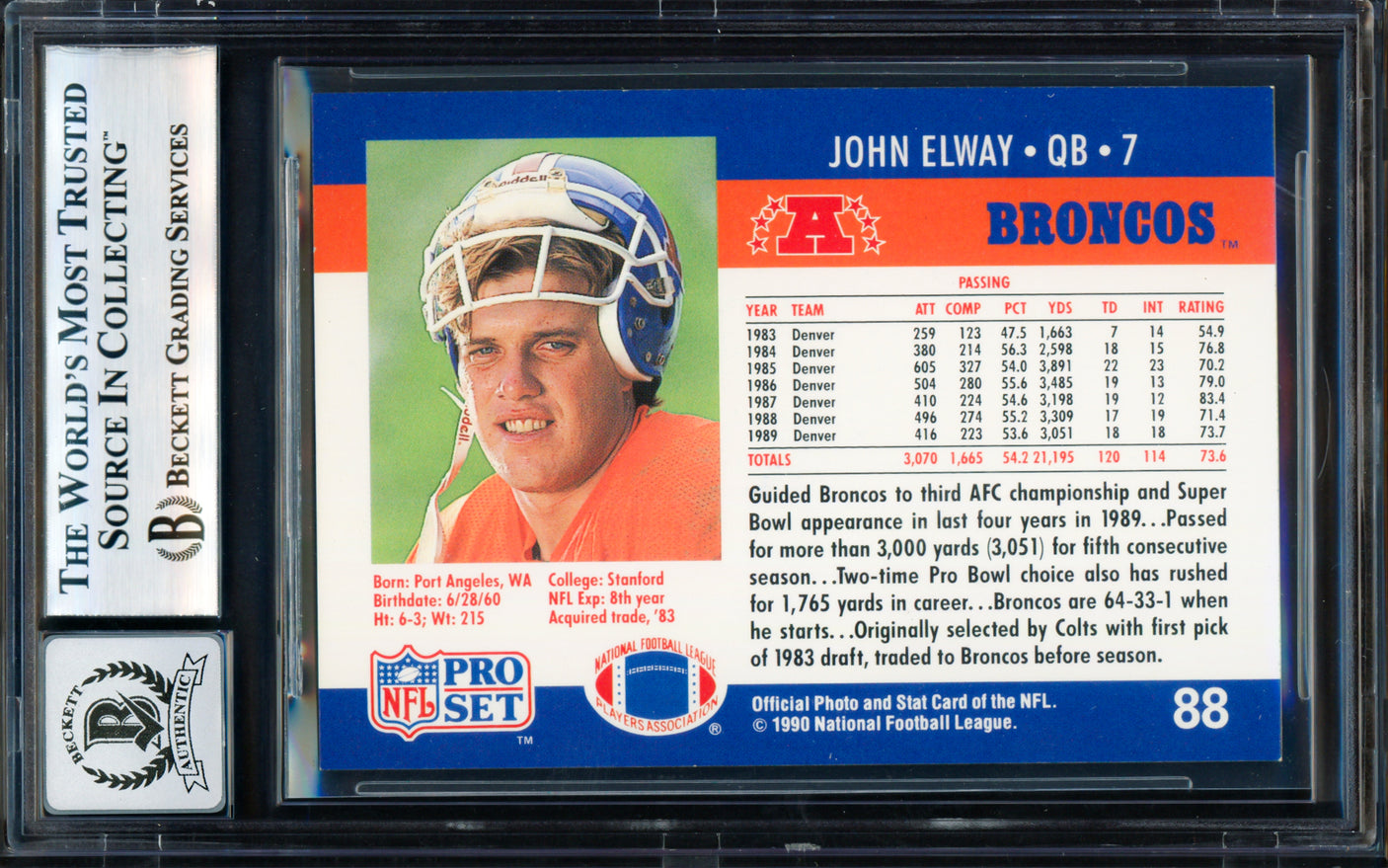 John Elway Autographed 1990 Pro Set Card #88 Denver Broncos Auto Grade Gem Mint 10 Beckett BAS #18278796