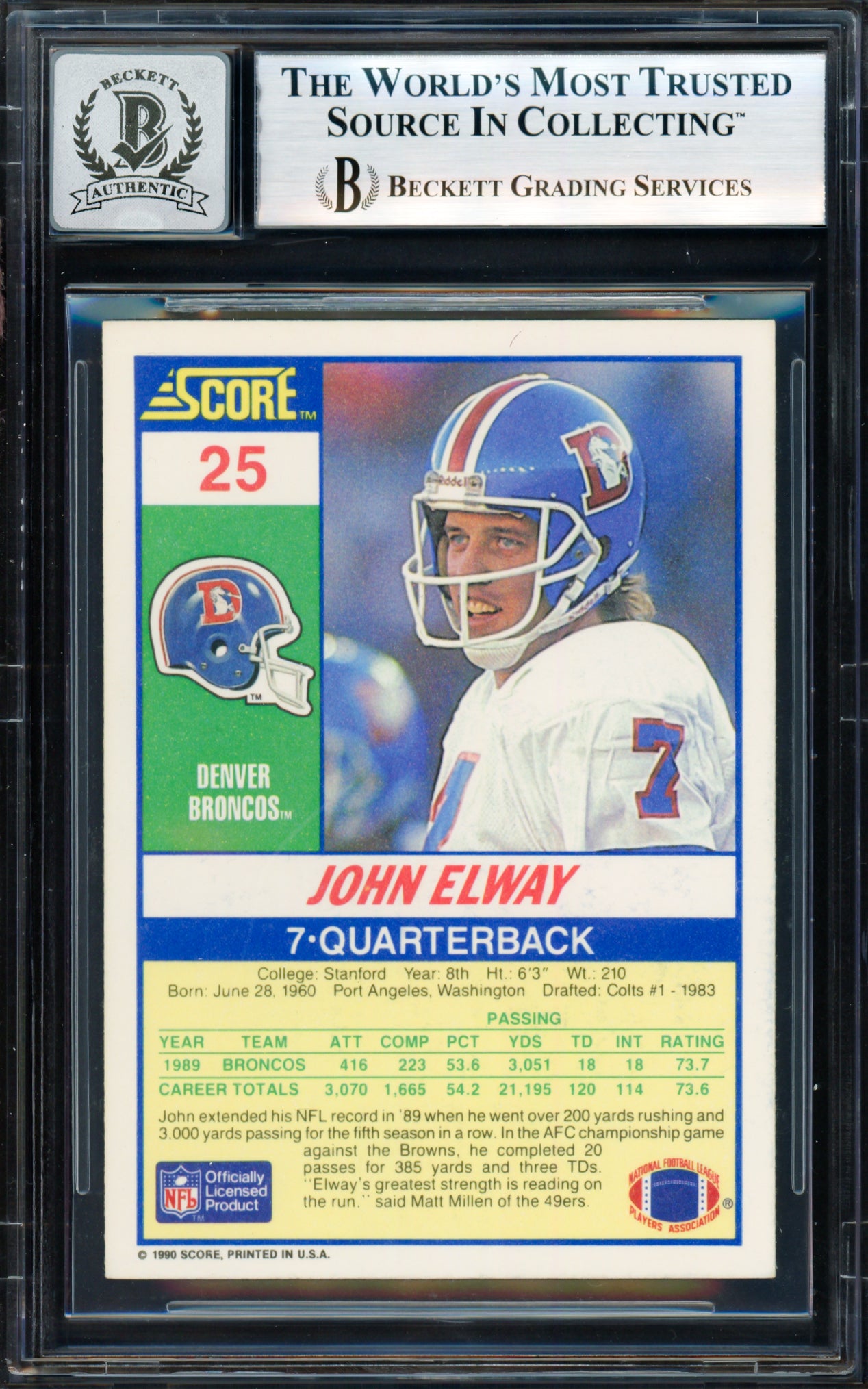 John Elway Autographed 1990 Score Card #25 Denver Broncos Auto Grade Gem Mint 10 Beckett BAS #18278794