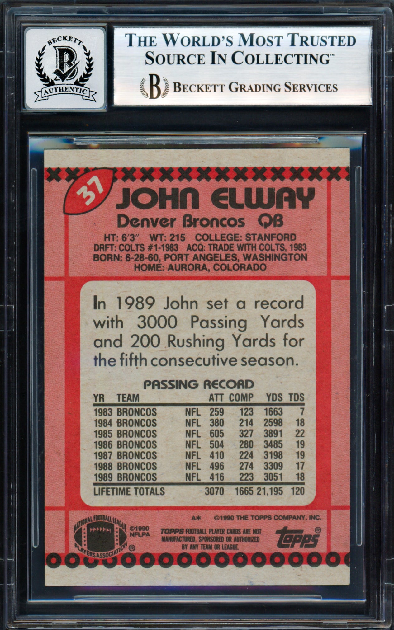 John Elway Autographed 1990 Topps Card #37 Denver Broncos Auto Grade Gem Mint 10 Beckett BAS #18278782