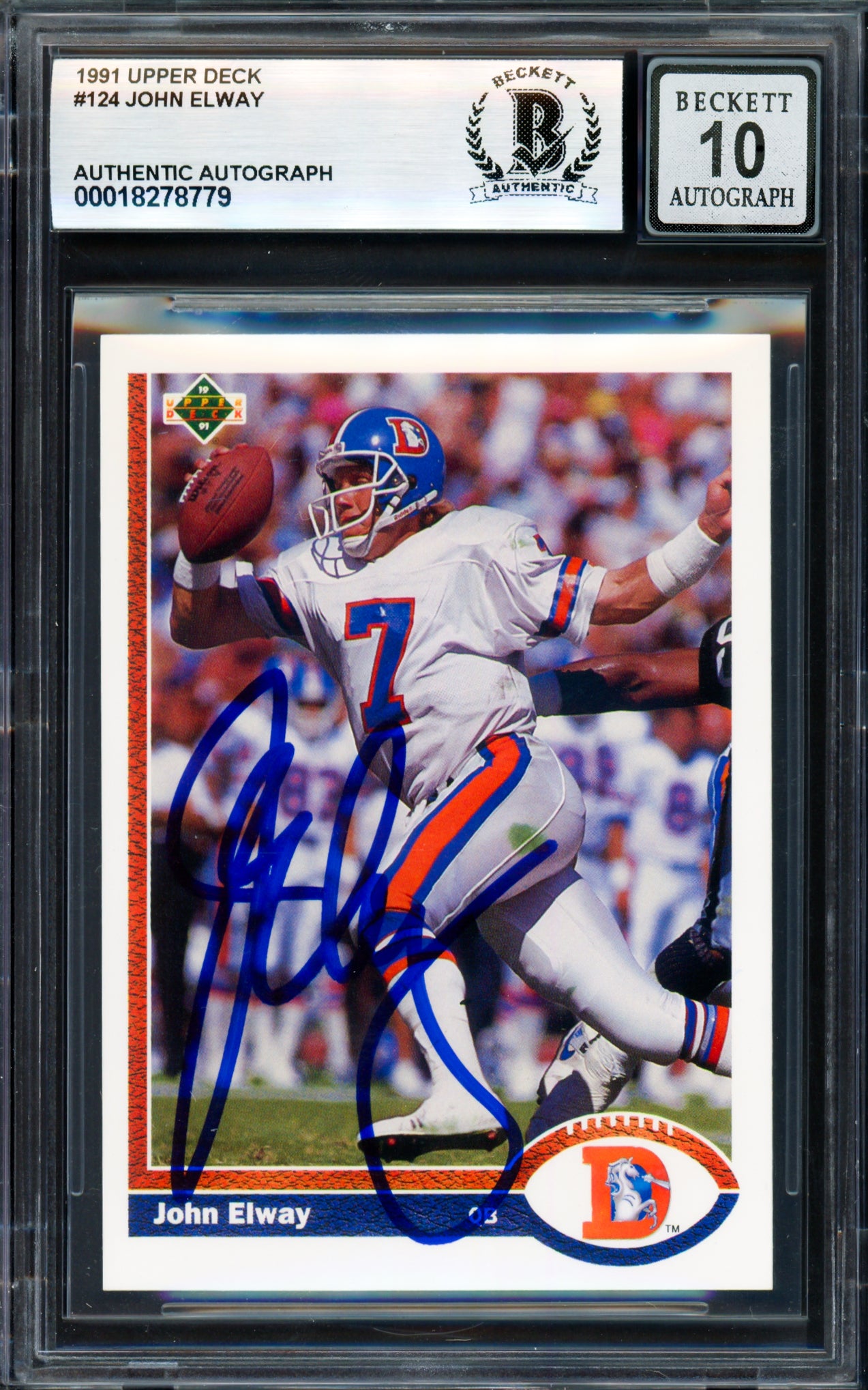 John Elway Autographed 1991 Upper Deck Card #124 Denver Broncos Auto Grade Gem Mint 10 Beckett BAS #18278779