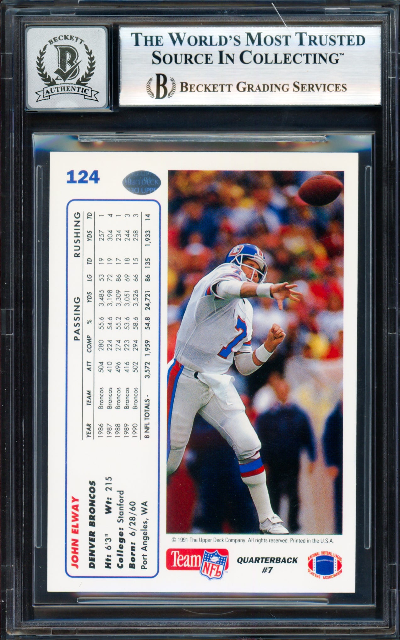 John Elway Autographed 1991 Upper Deck Card #124 Denver Broncos Auto Grade Gem Mint 10 Beckett BAS #18278779