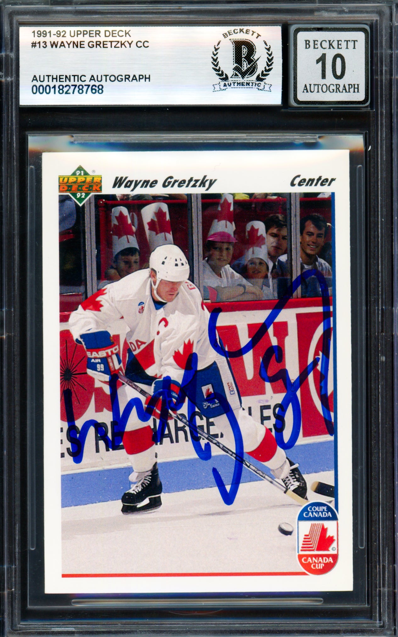 Wayne Gretzky Autographed 1991-92 Upper Deck Card #13 Team Canada Auto Grade Gem Mint 10 Beckett BAS #18278768