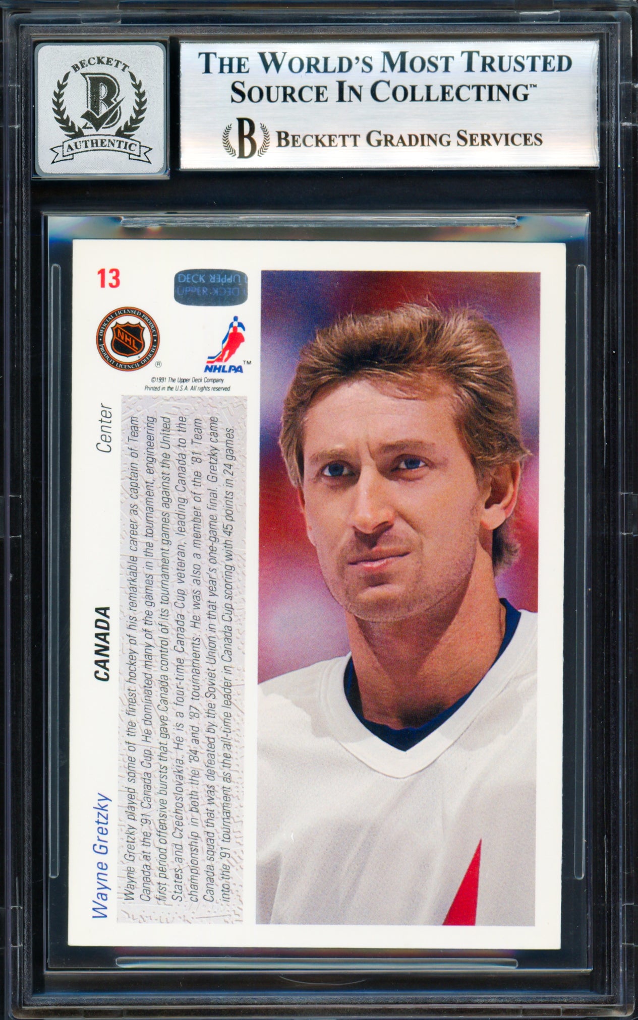 Wayne Gretzky Autographed 1991-92 Upper Deck Card #13 Team Canada Auto Grade Gem Mint 10 Beckett BAS #18278768