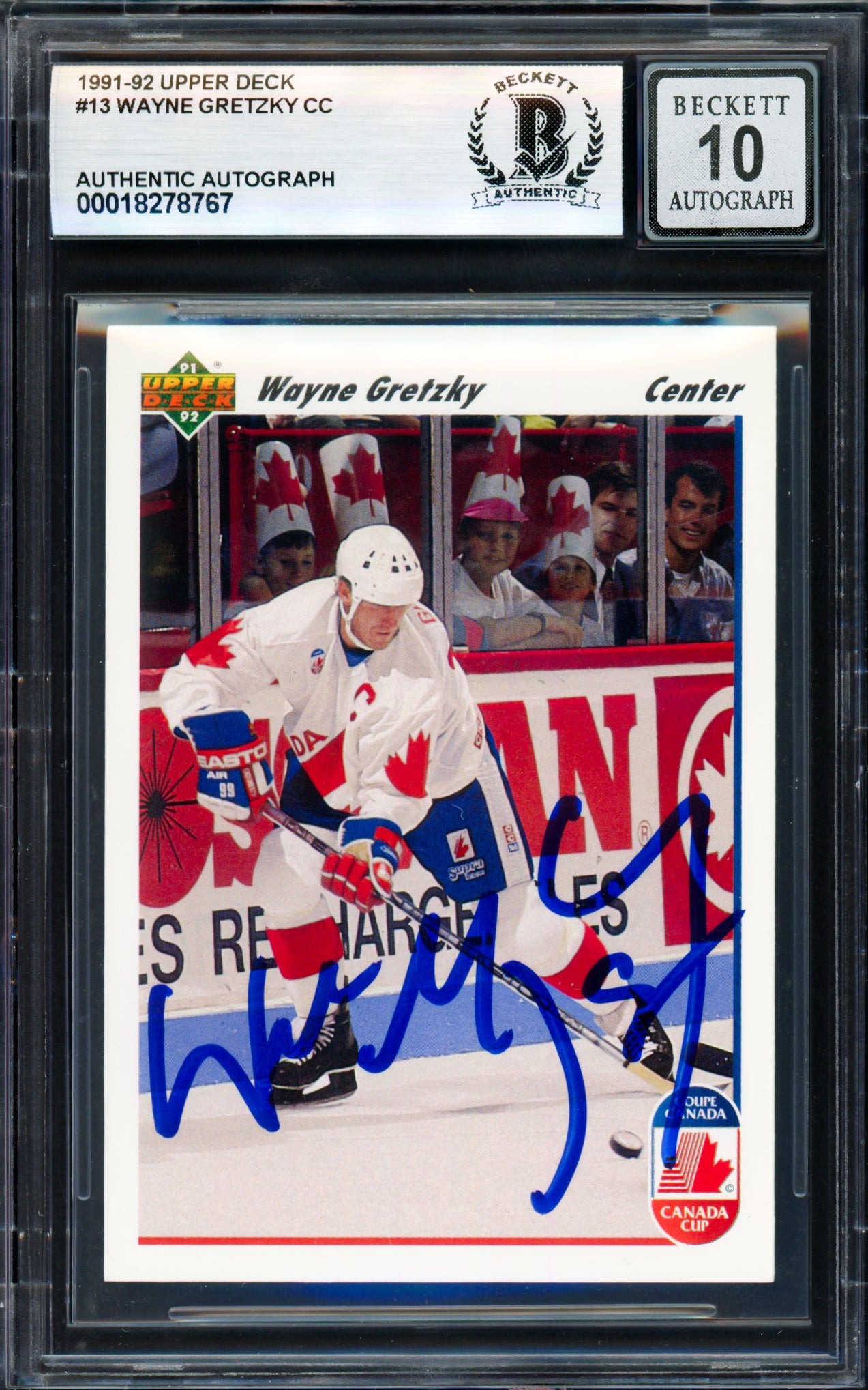 Wayne Gretzky Autographed 1991-92 Upper Deck Card #13 Team Canada Auto Grade Gem Mint 10 Beckett BAS #18278767