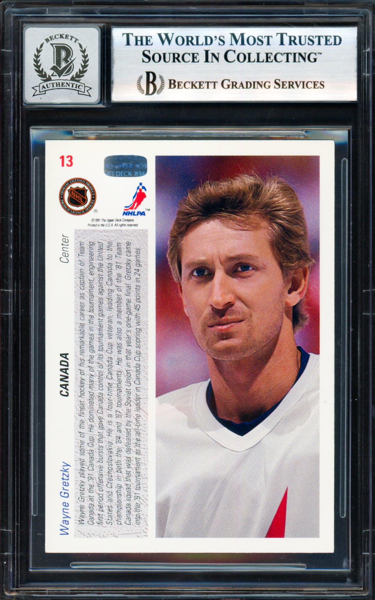 Wayne Gretzky Autographed 1991-92 Upper Deck Card #13 Team Canada Auto Grade Gem Mint 10 Beckett BAS #18278767
