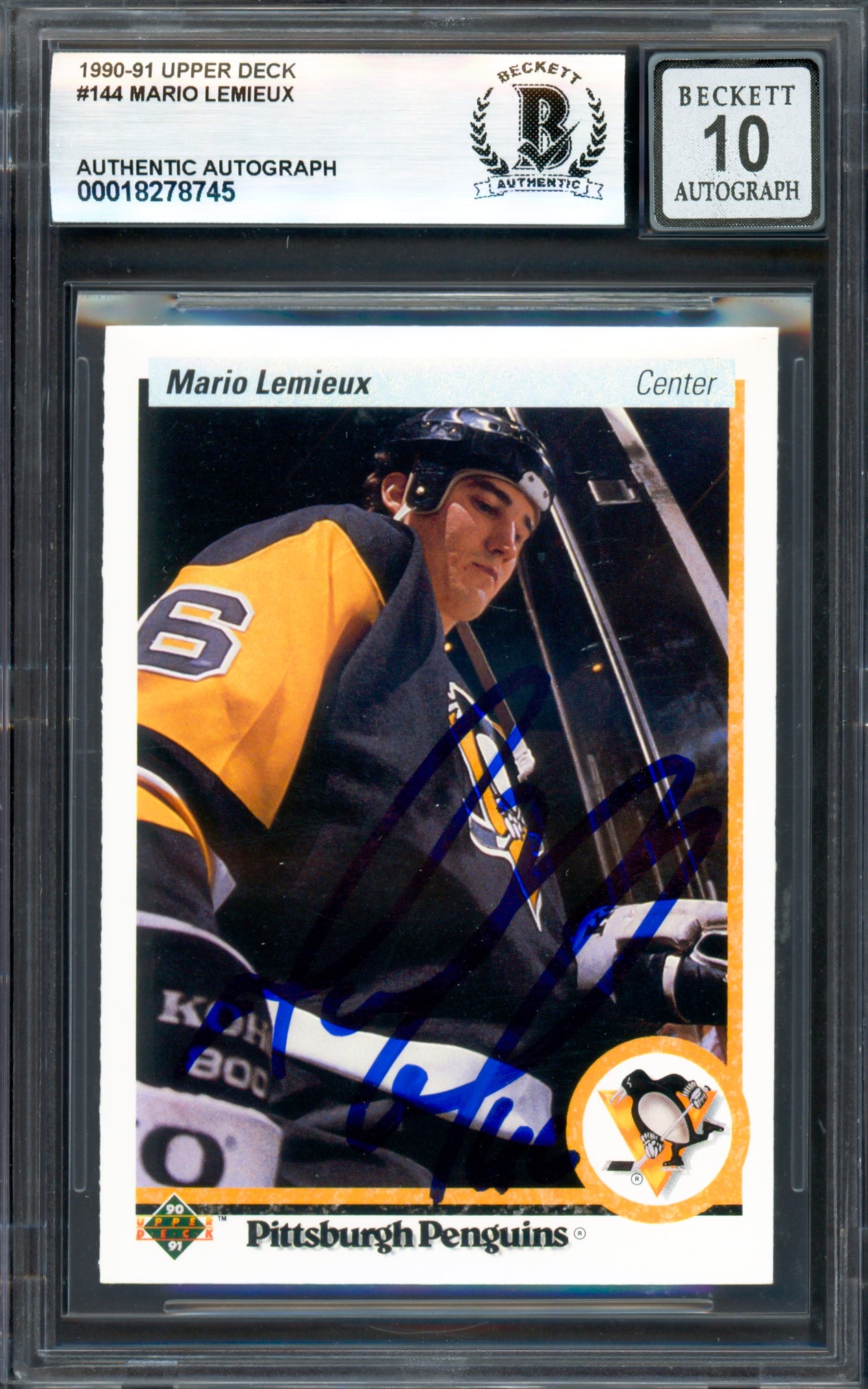 Mario Lemieux Autographed 1990-91 Upper Deck Card #144 Pittsburgh Penguins Auto Grade Gem Mint 10 Beckett BAS #18278745