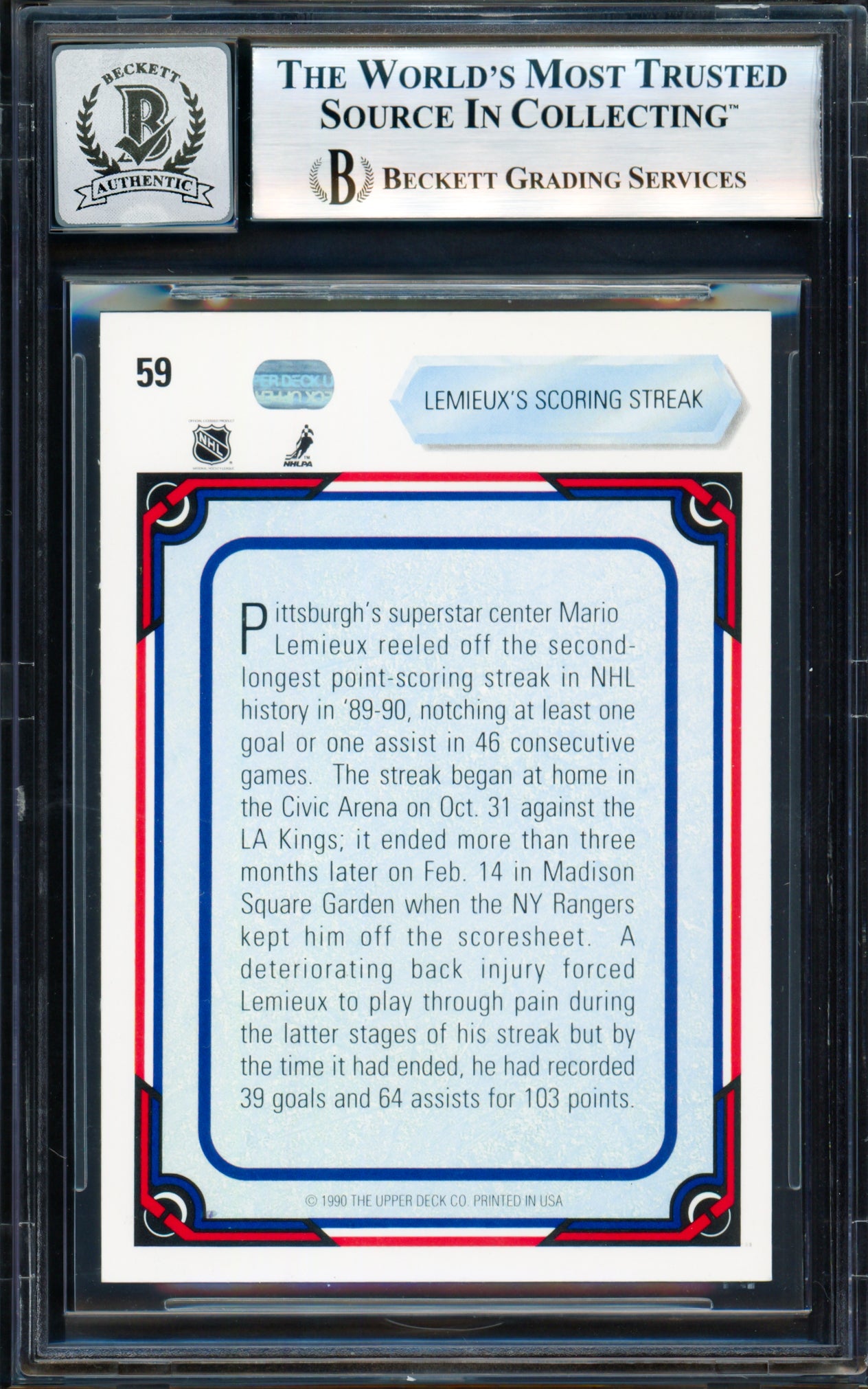Mario Lemieux Autographed 1990-91 Upper Deck Card #59 Pittsburgh Penguins Auto Grade Gem Mint 10 Beckett BAS #18278733