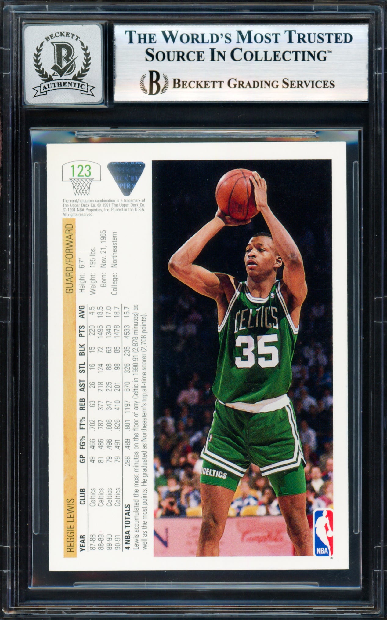 Reggie Lewis Autographed 1991-92 Upper Deck Card #123 Boston Celtics Auto Grade Gem Mint 10 Beckett BAS #18278715