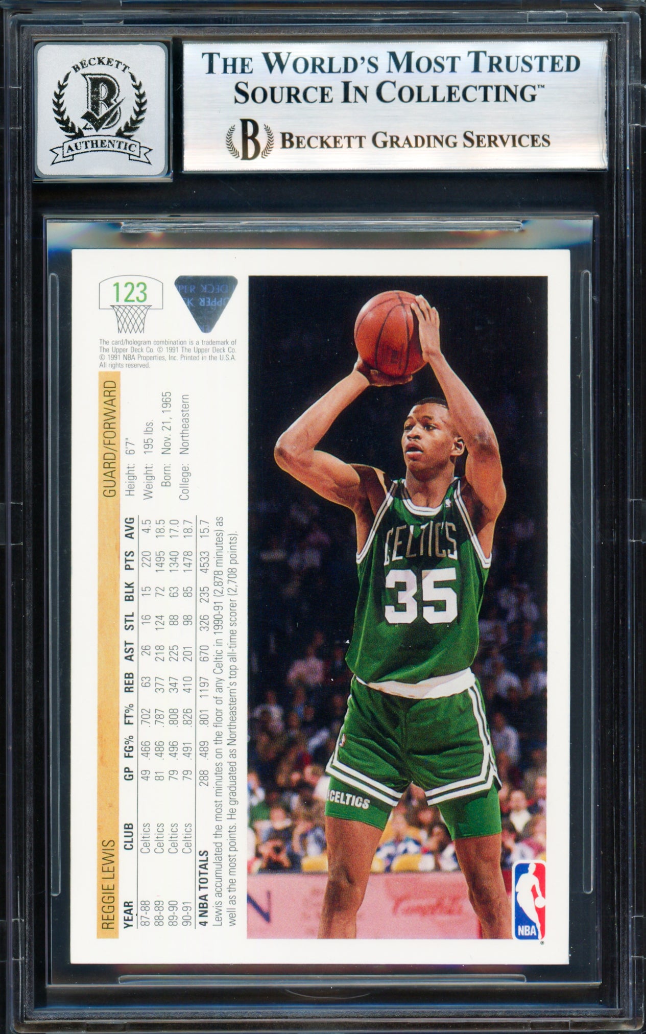 Reggie Lewis Autographed 1991-92 Upper Deck Card #123 Boston Celtics Auto Grade Gem Mint 10 Beckett BAS #18278716