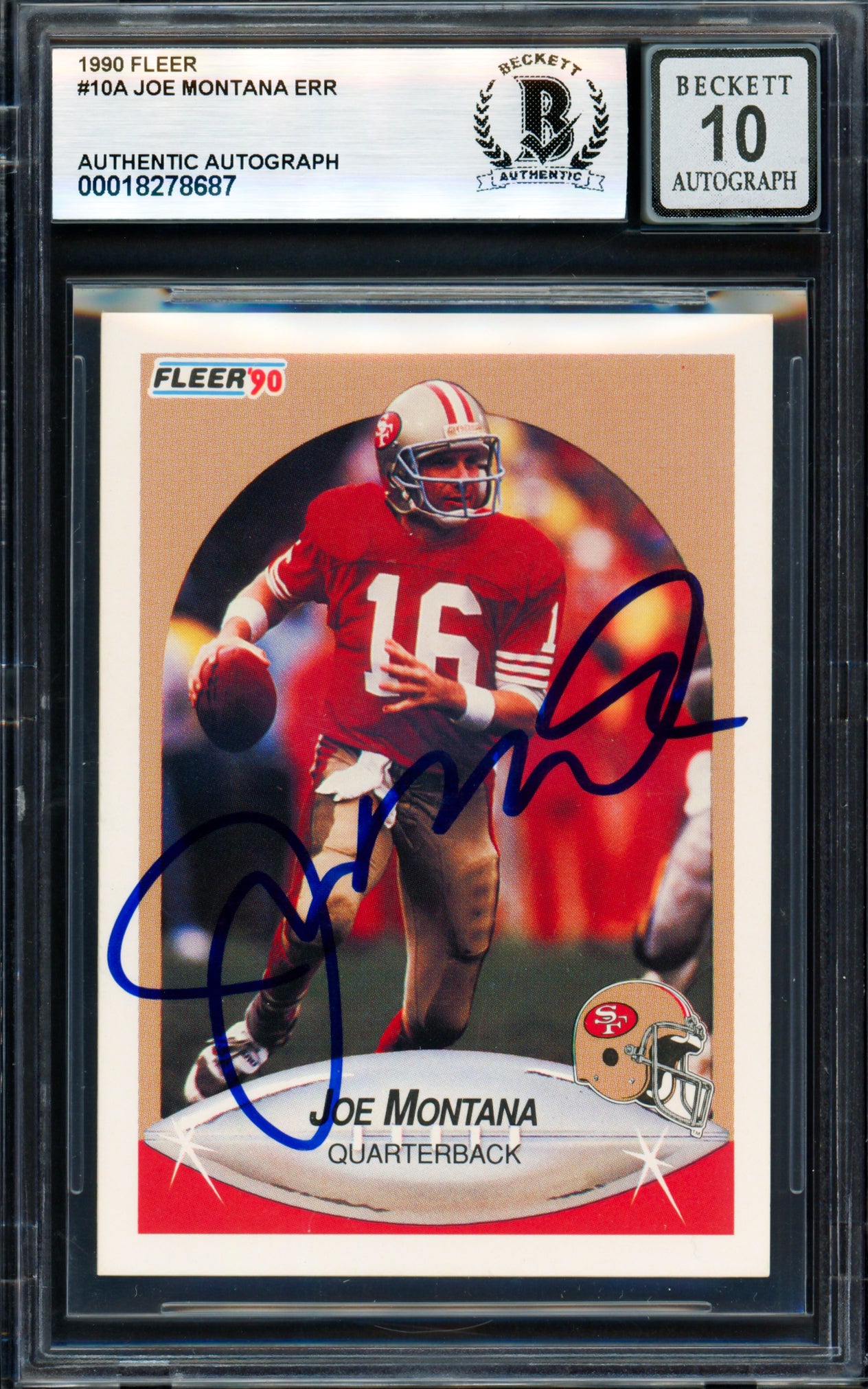 Joe Montana Autographed 1990 Fleer Card #10A San Francisco 49ers Auto Grade Gem Mint 10 Beckett BAS #18278687