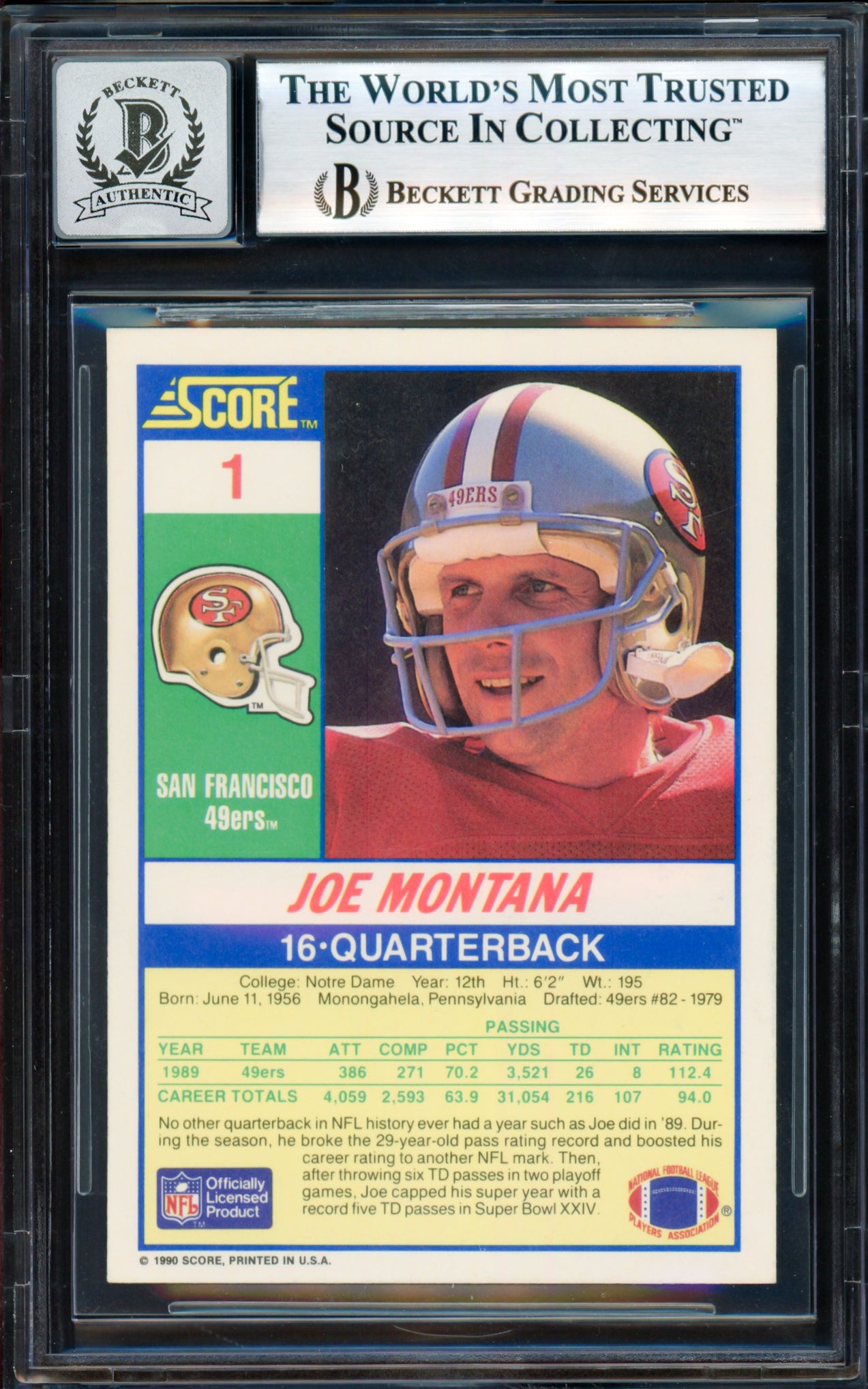 Joe Montana Autographed 1990 Score Card #1 San Francisco 49ers Auto Grade Gem Mint 10 Beckett BAS #18278658