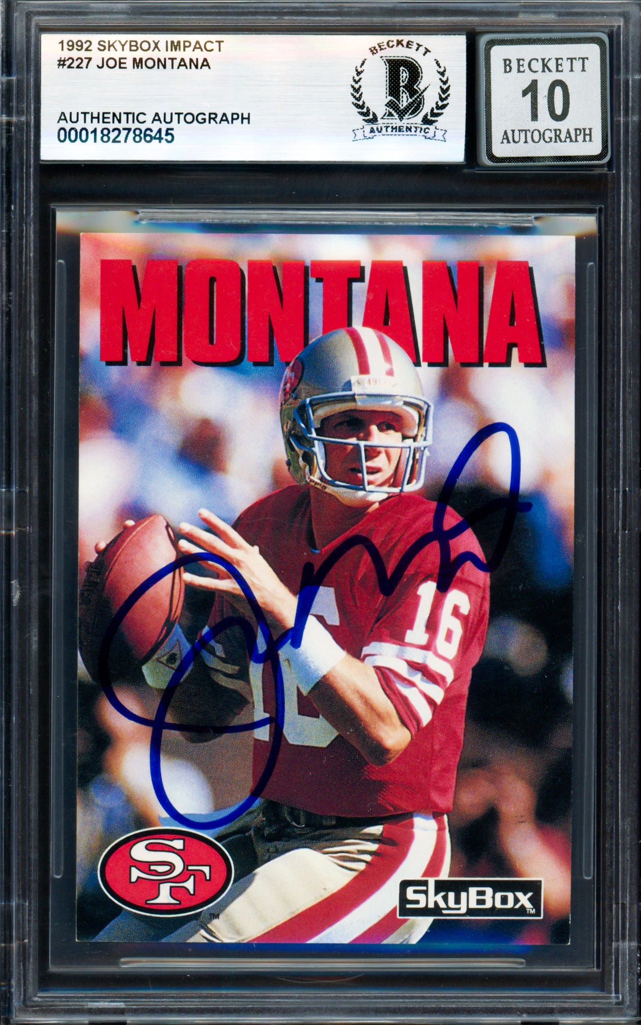 Joe Montana Autographed 1992 Skybox Card #227 San Francisco 49ers Auto Grade Gem Mint 10 Beckett BAS #18278645