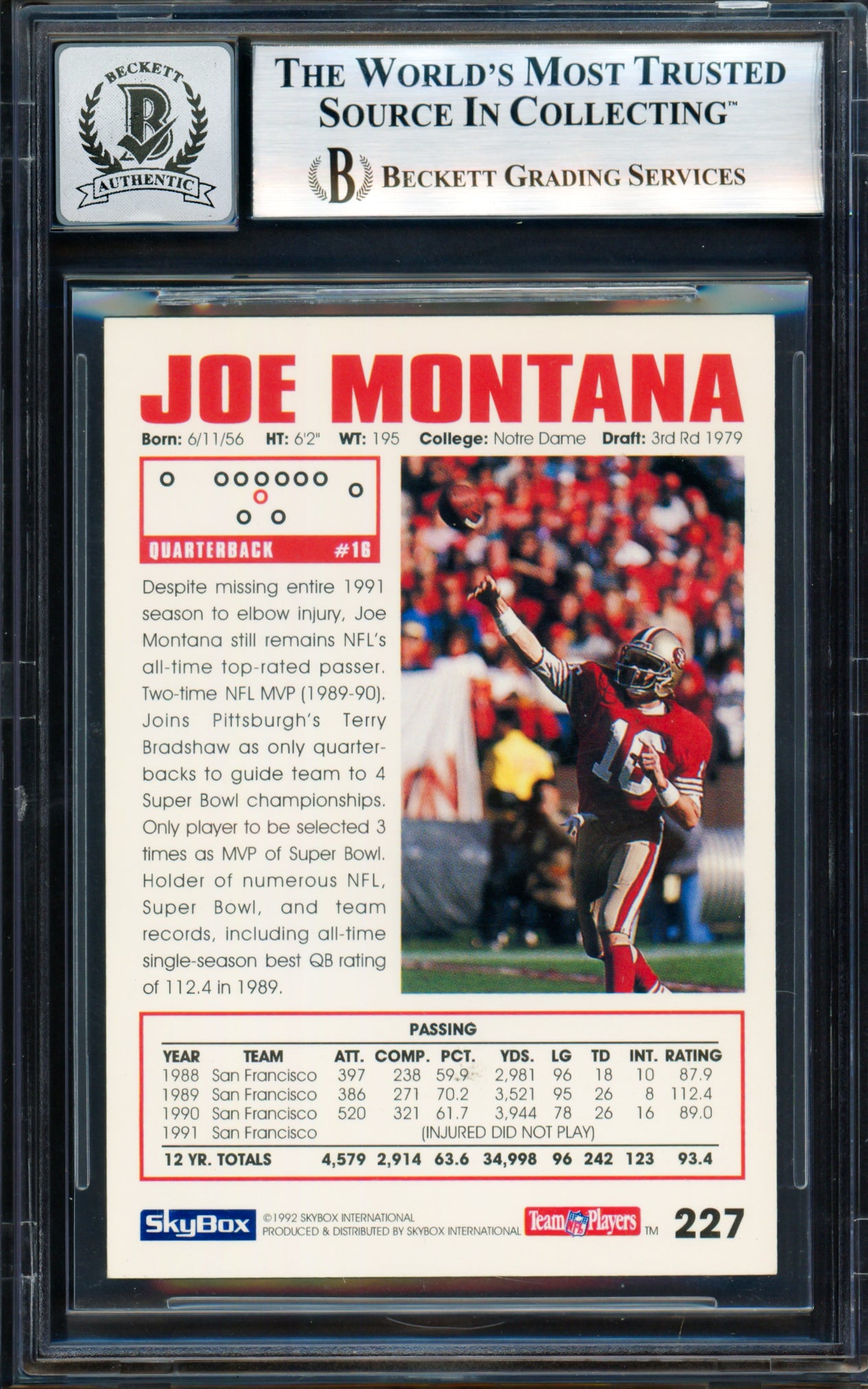Joe Montana Autographed 1992 Skybox Card #227 San Francisco 49ers Auto Grade Gem Mint 10 Beckett BAS #18278645