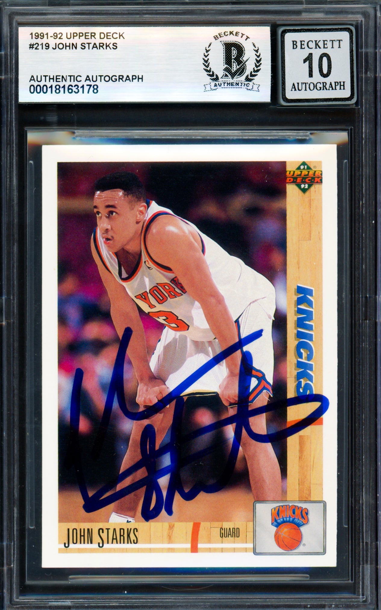John Starks Autographed 1991-92 Upper Deck Rookie Card #219 New York Knicks Auto Grade Gem Mint 10 Beckett BAS #18163178