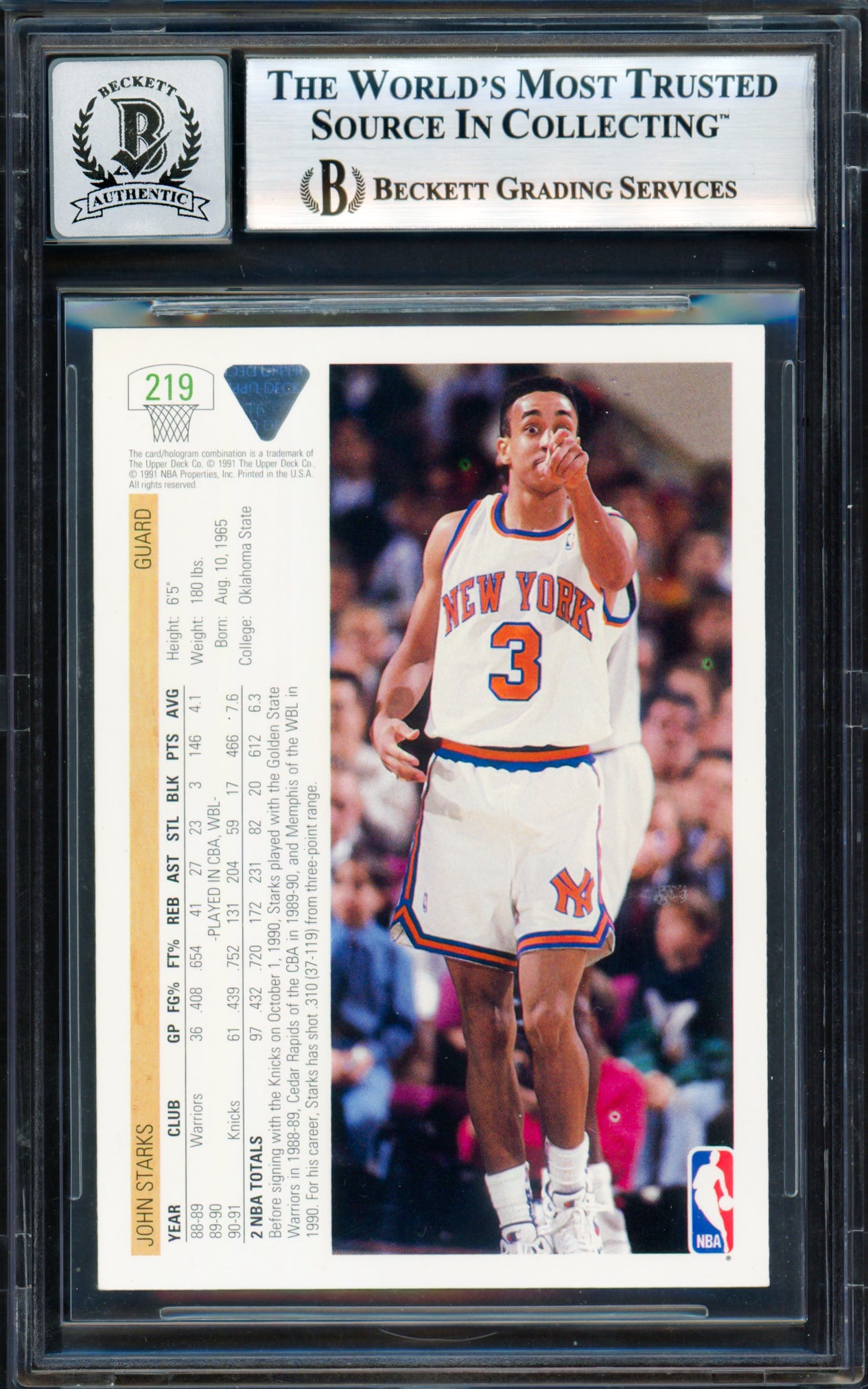 John Starks Autographed 1991-92 Upper Deck Rookie Card #219 New York Knicks Auto Grade Gem Mint 10 Beckett BAS #18163178