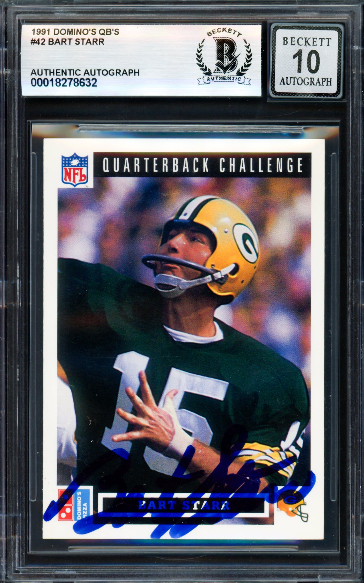 Bart Starr Autographed 1991 Domino's Upper Deck Card #42 Green Bay Packers Auto Grade Gem Mint 10 Beckett BAS #18278632