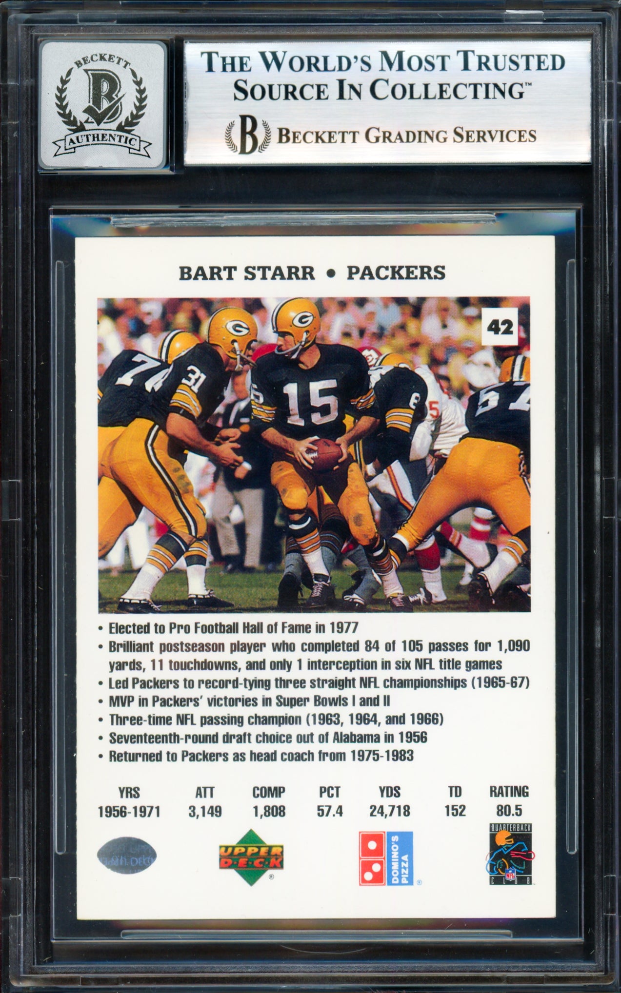 Bart Starr Autographed 1991 Domino's Upper Deck Card #42 Green Bay Packers Auto Grade Gem Mint 10 Beckett BAS #18278632
