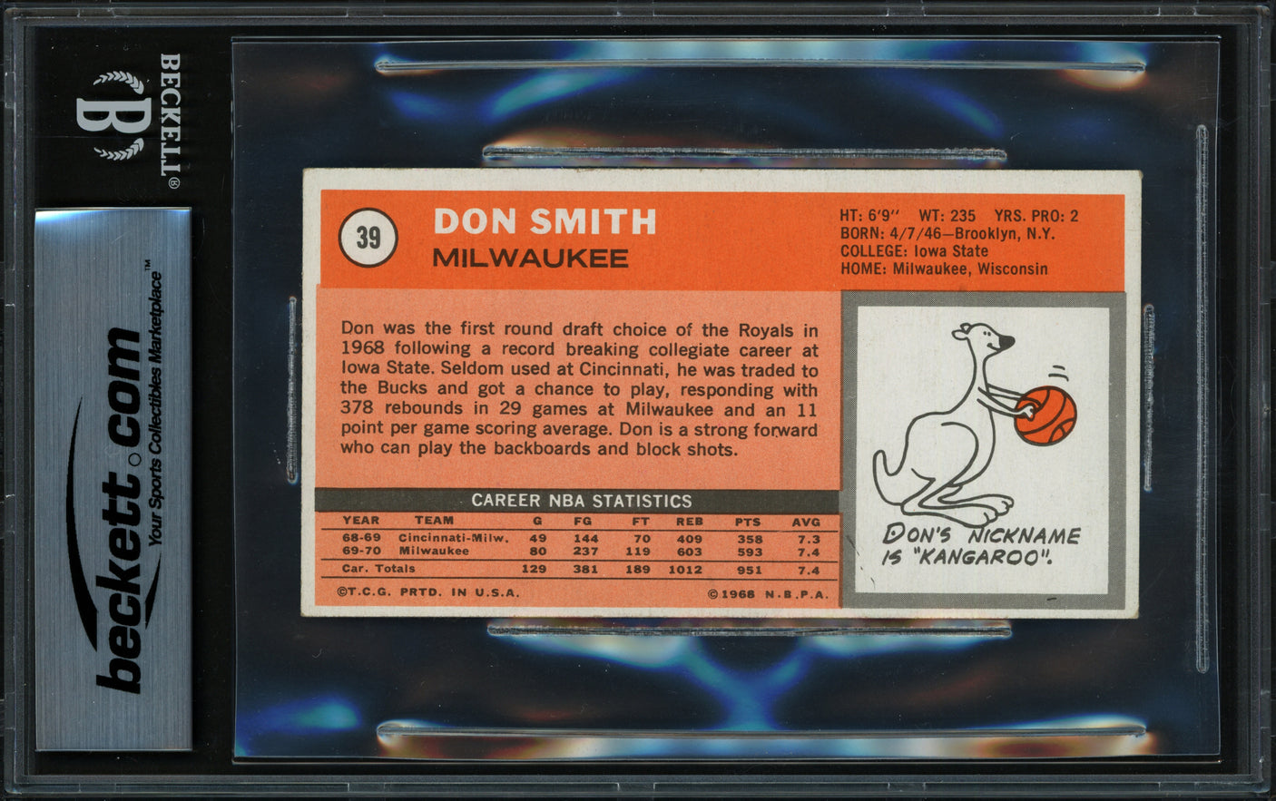 Don Smith Autographed 1970-71 Topps Card #39 Milwaukee Bucks Beckett BAS #18281296