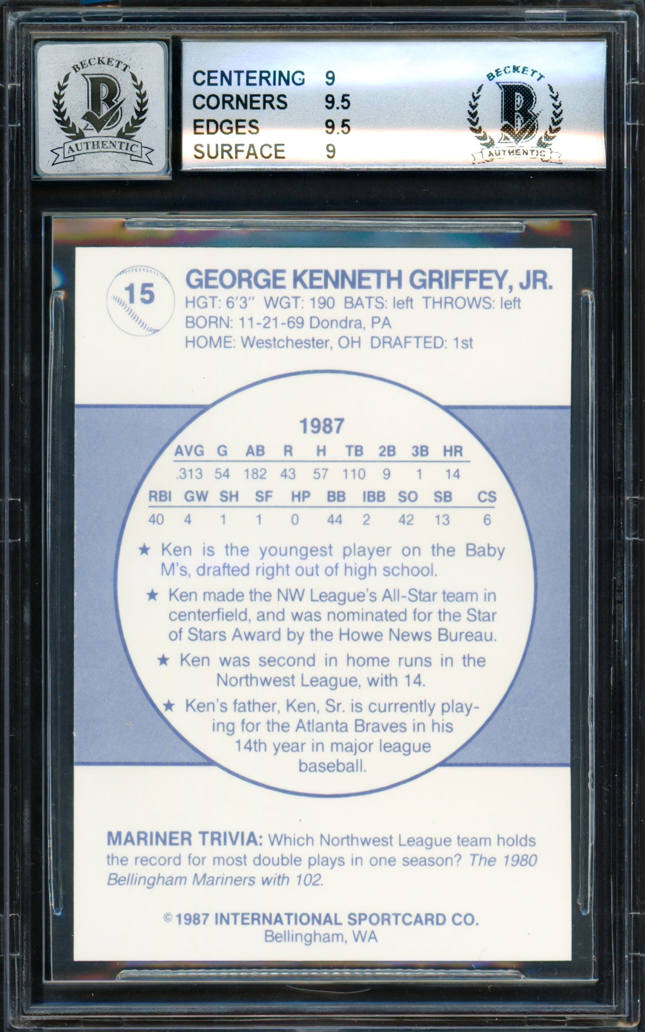 Ken Griffey Jr. Autographed 1987 Bellingham Mariners Rookie Card #15 BGS 9 Auto Grade Gem Mint 10 Beckett BAS #14727277