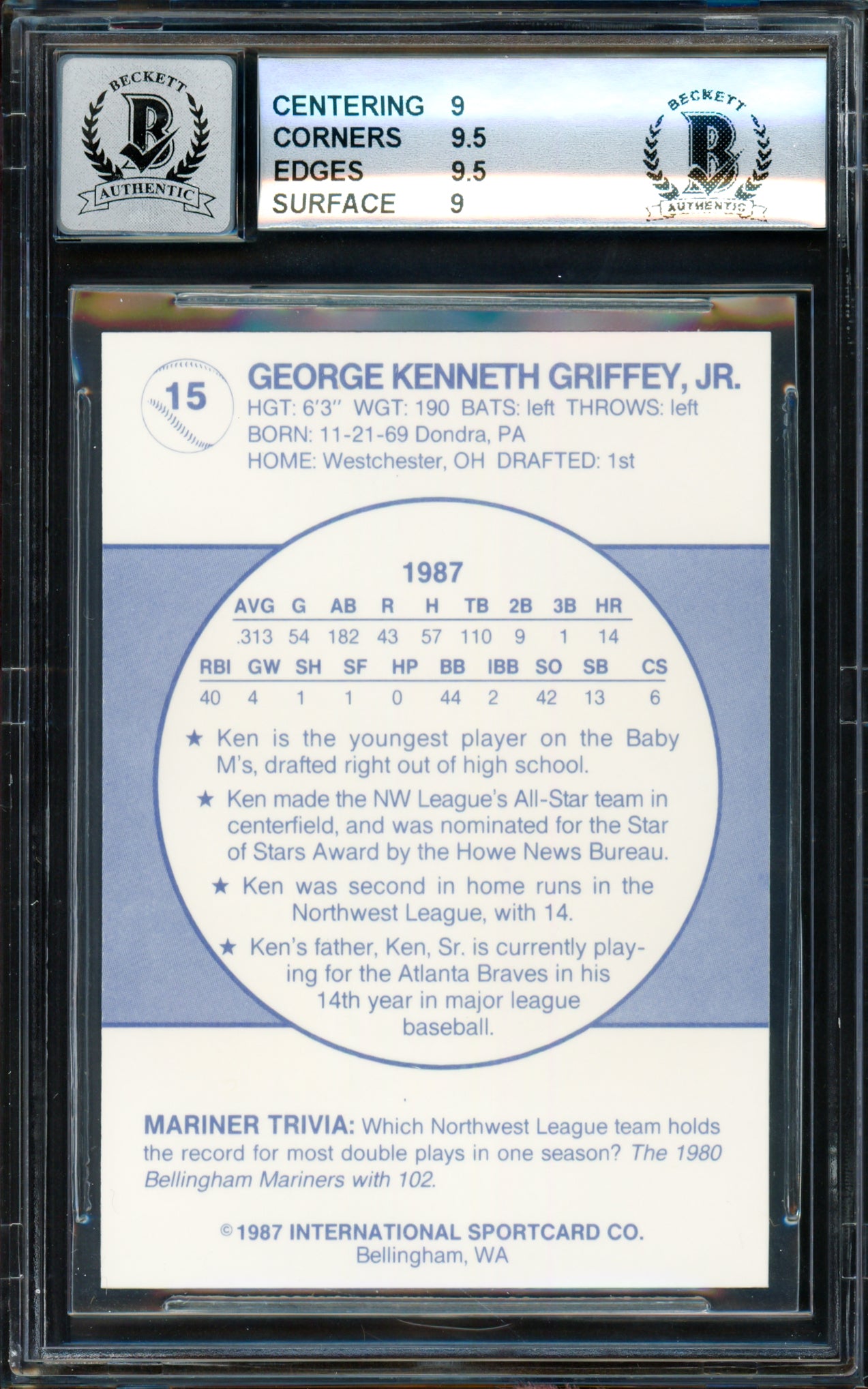 Ken Griffey Jr. Autographed 1987 Bellingham Mariners Rookie Card #15 BGS 9 Auto Grade Gem Mint 10 Beckett BAS #14727252