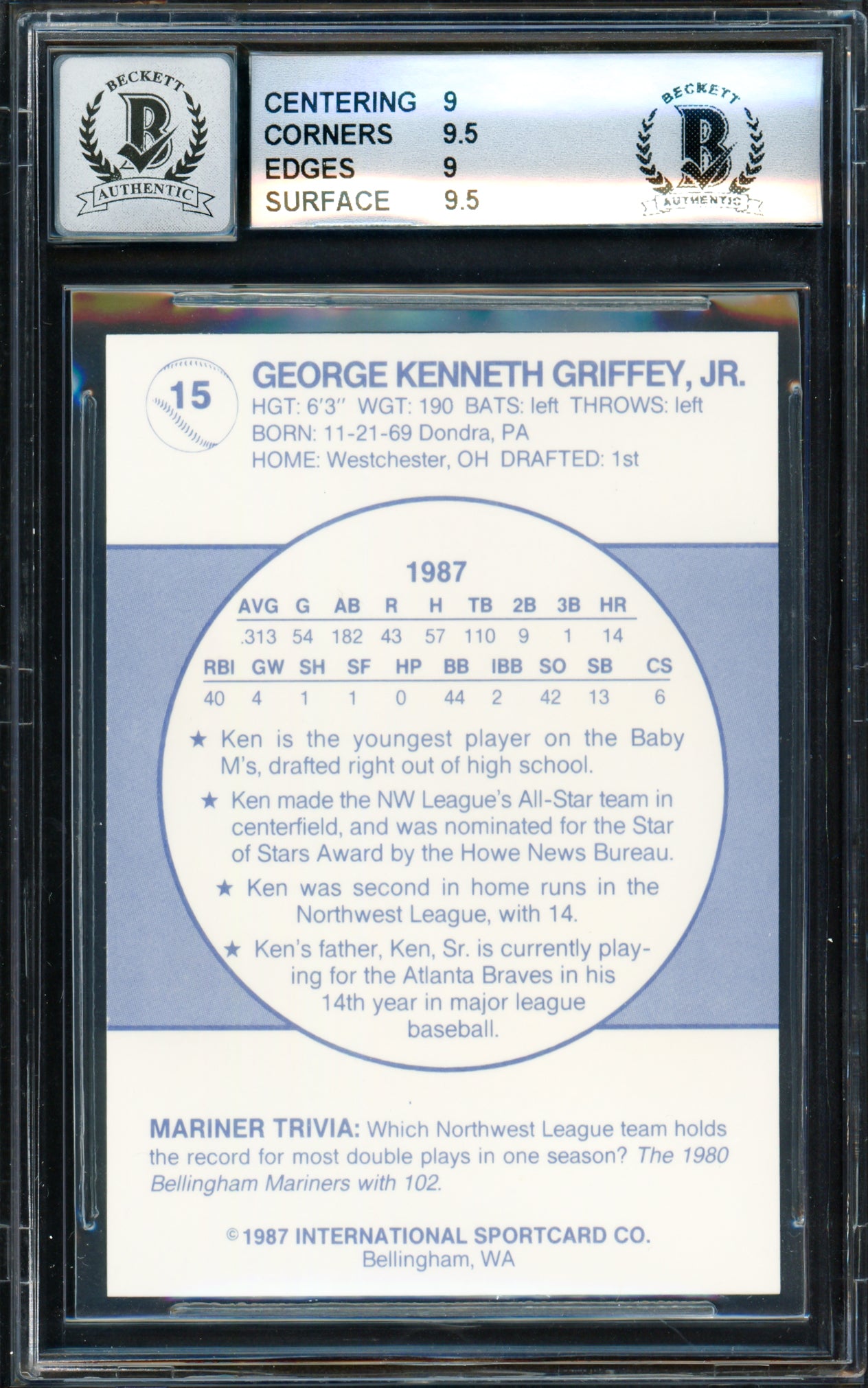 Ken Griffey Jr. Autographed 1987 Bellingham Mariners Rookie Card #15 BGS 9 Auto Grade Gem Mint 10 Beckett BAS #14727254