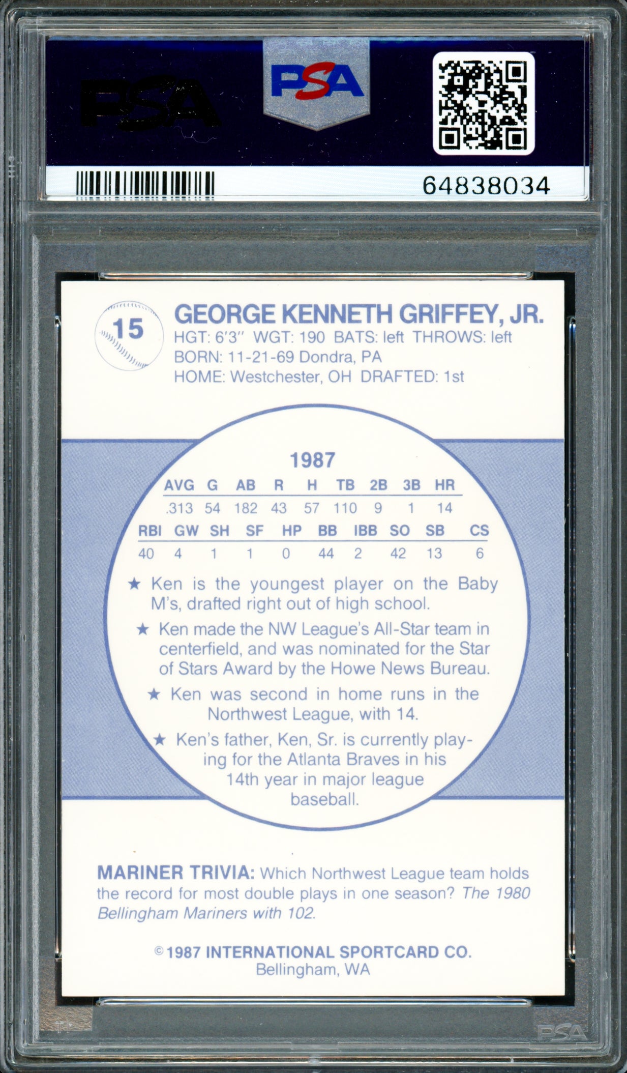 Ken Griffey Jr. Autographed 1987 Bellingham Mariners Rookie Card #15 PSA 9 Auto Grade Gem Mint 10 PSA/DNA #64838034