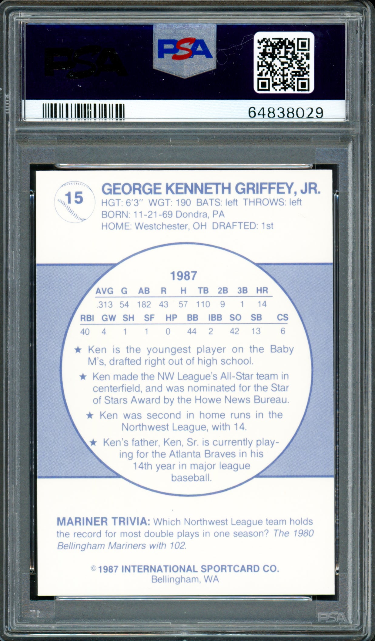 Ken Griffey Jr. Autographed 1987 Bellingham Mariners Rookie Card #15 PSA 9 Auto Grade Gem Mint 10 PSA/DNA #64838033
