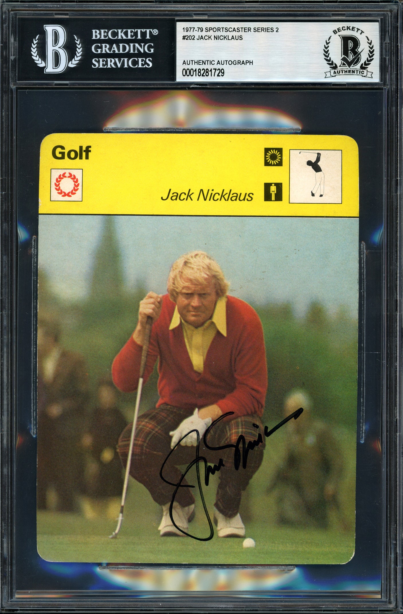 Jack Nicklaus Autographed 1977 Sportscaster Card #202 Beckett BAS #18281729